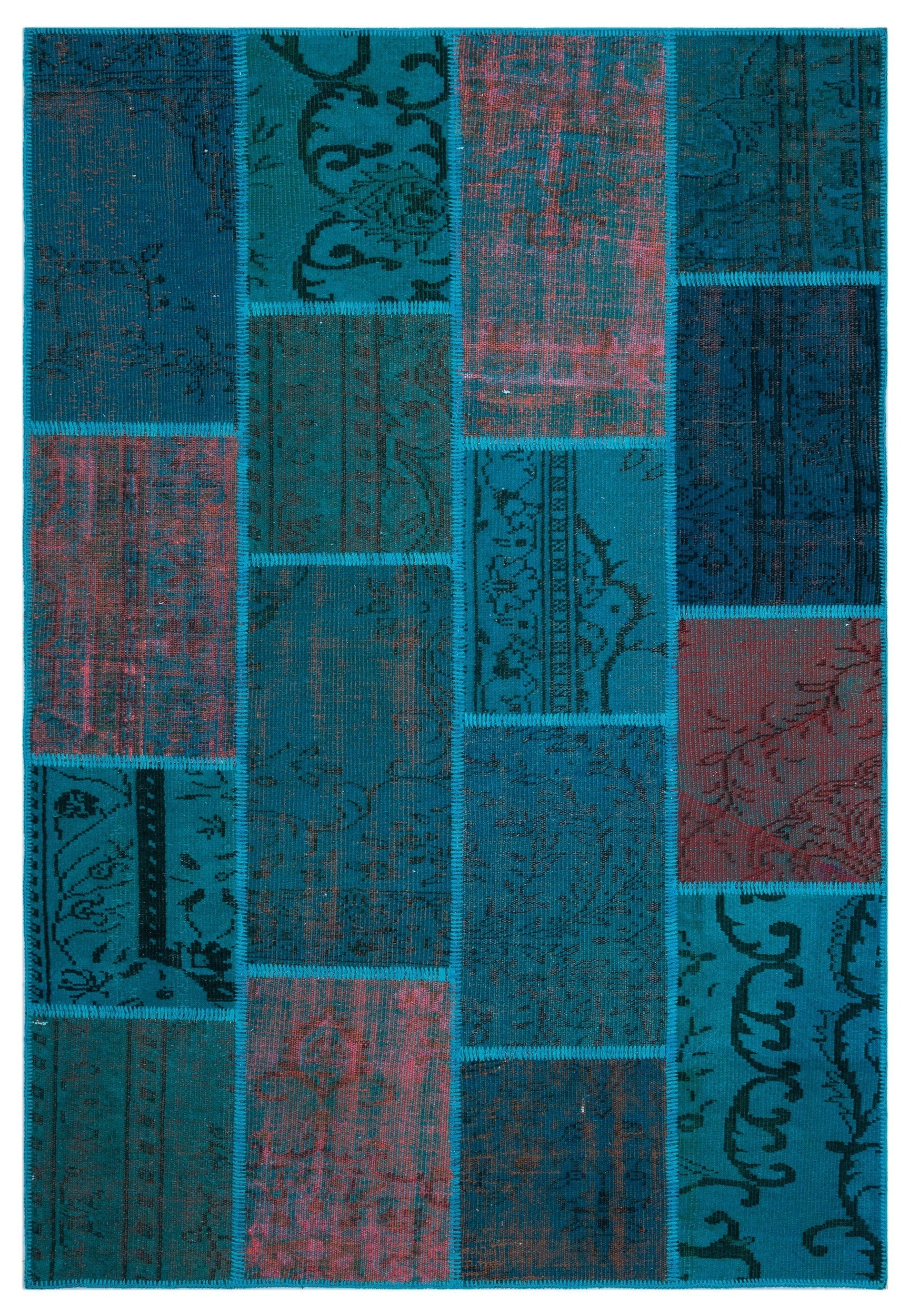 Iskece 26520 Turquoise Patchwork Wool Handmade Area Rug 5'3" x 7'7"