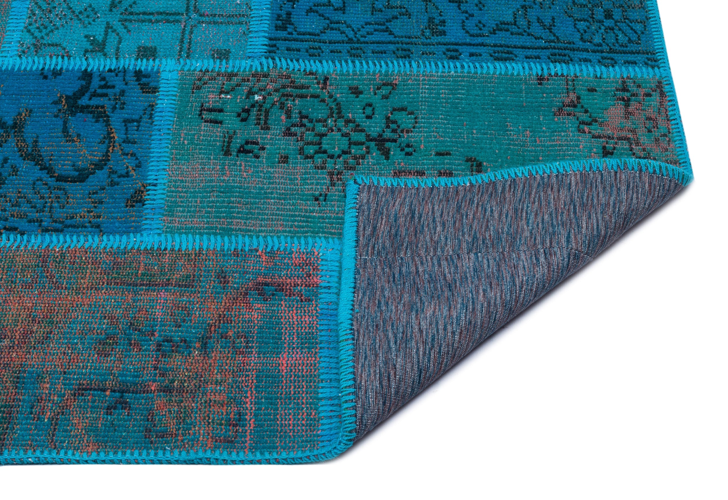 Iskece 26543 Turquoise Patchwork Wool Handmade Area Rug 3'11" x 5'11"