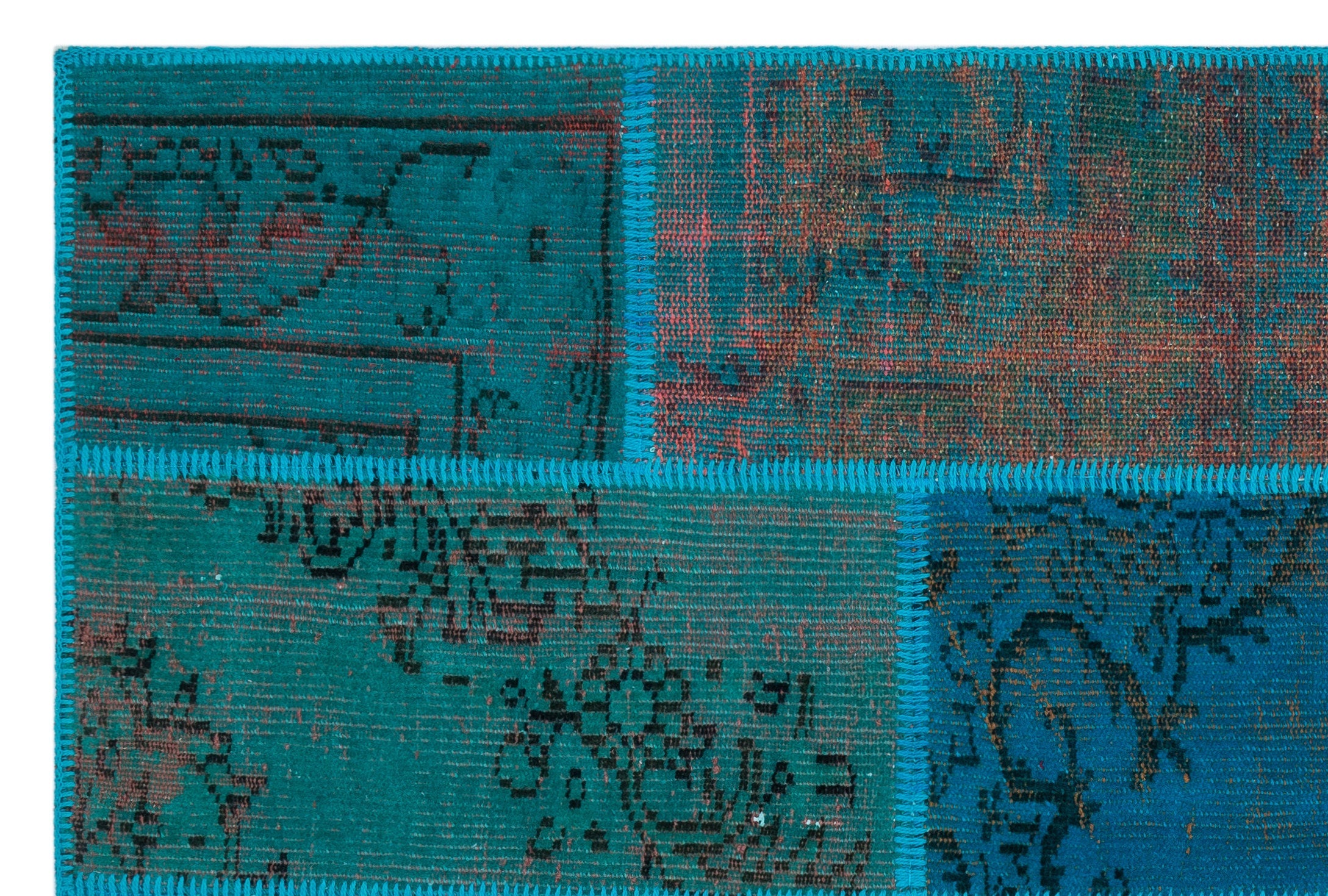 Iskece 26543 Turquoise Patchwork Wool Handmade Area Rug 3'11" x 5'11"