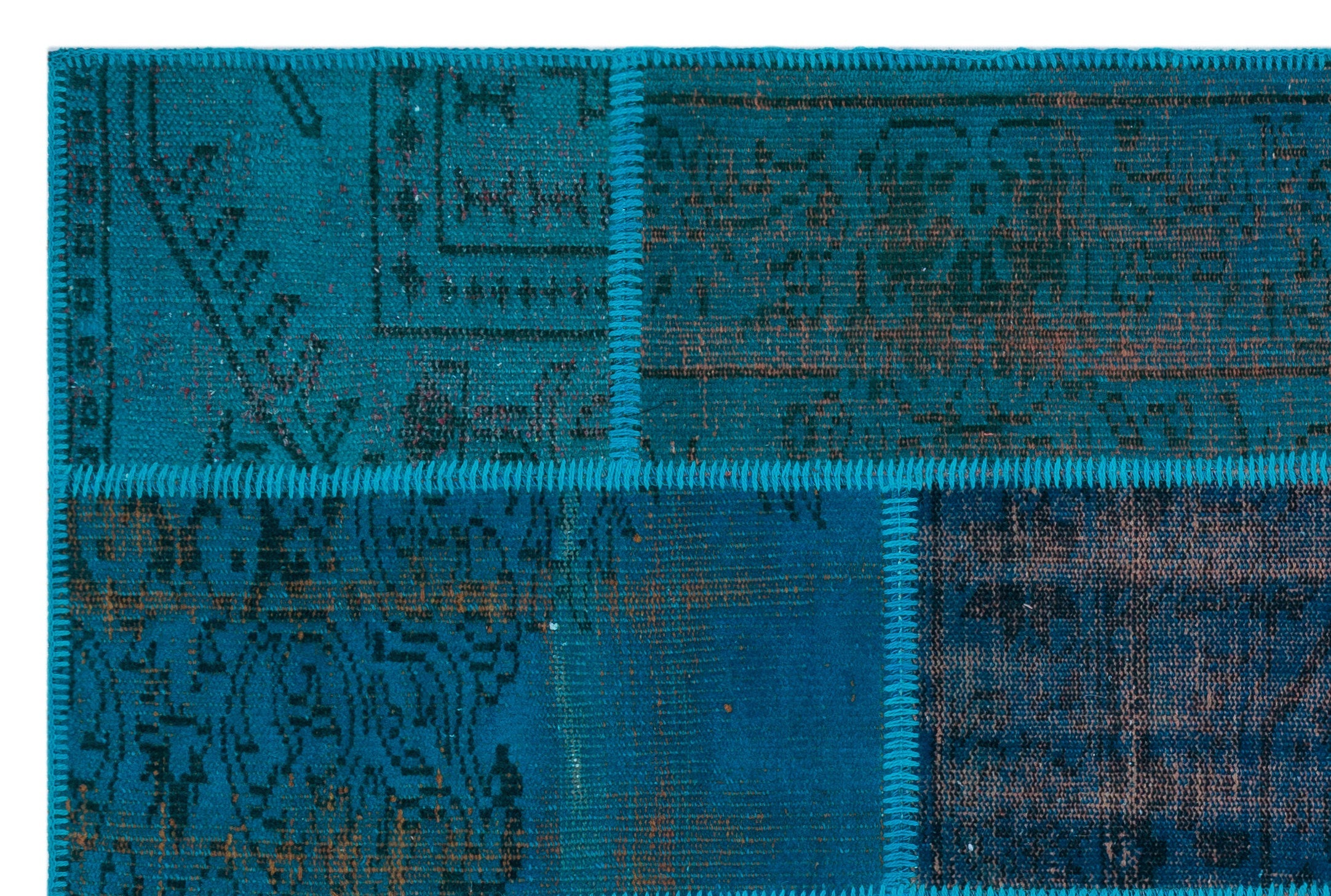 Iskece 26547 Turquoise Patchwork Wool Handmade Area Rug 3'11" x 5'11"