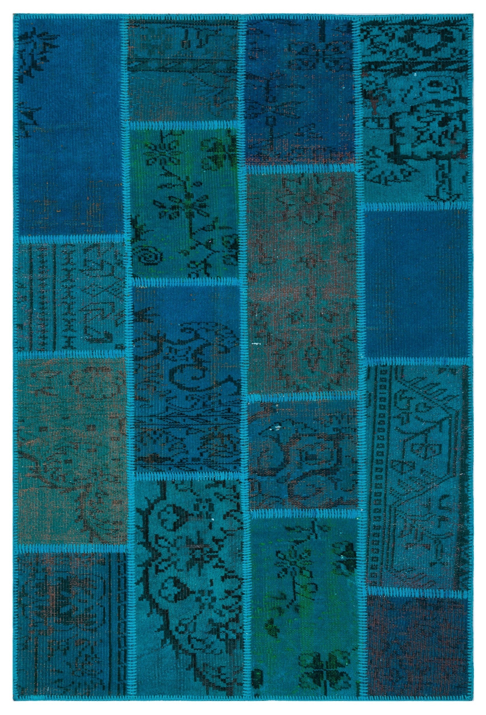 Iskece 26606 Turquoise Patchwork Wool Handmade Area Rug 3'11" x 5'11"