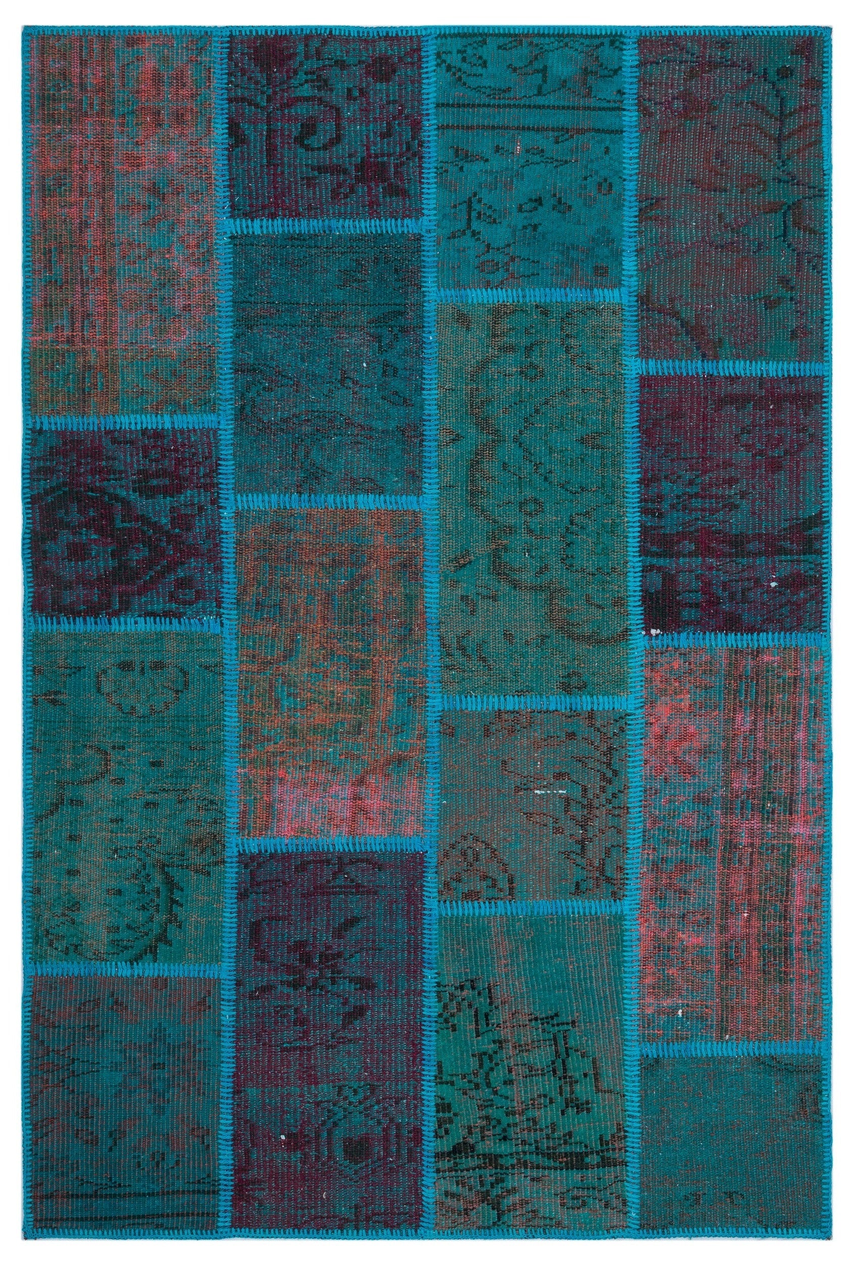 Iskece 26628 Turquoise Patchwork Wool Handmade Area Rug 3'11" x 5'11"