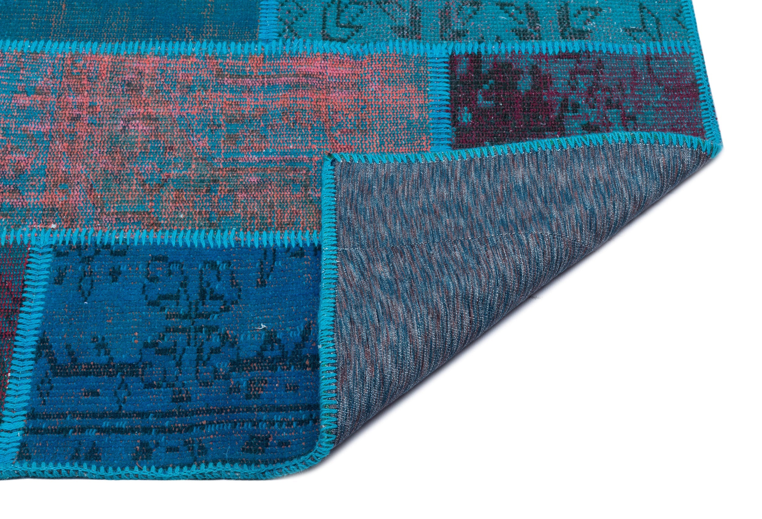 Iskece 26690 Turquoise Patchwork Wool Handmade Area Rug 3'11" x 5'11"