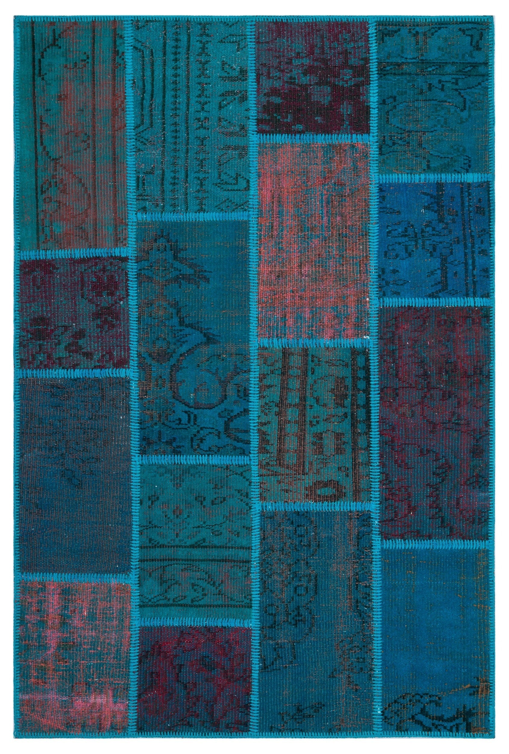 Iskece 26690 Turquoise Patchwork Wool Handmade Area Rug 3'11" x 5'11"