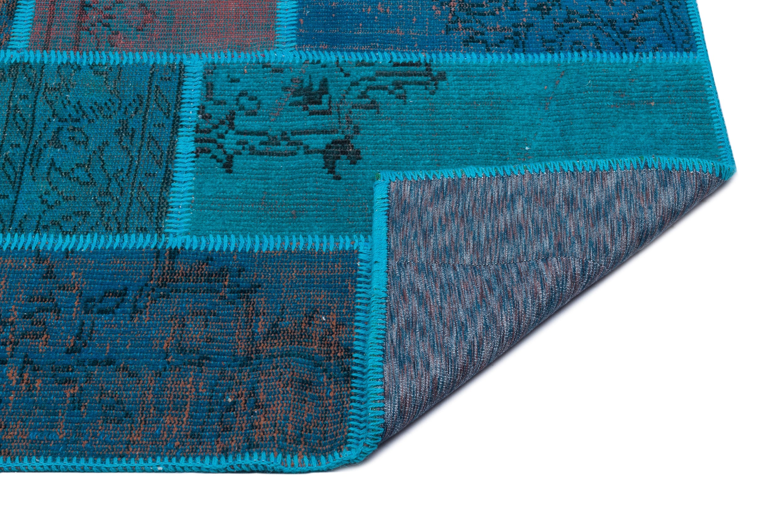Iskece 26694 Turquoise Patchwork Wool Handmade Area Rug 3'11" x 5'11"
