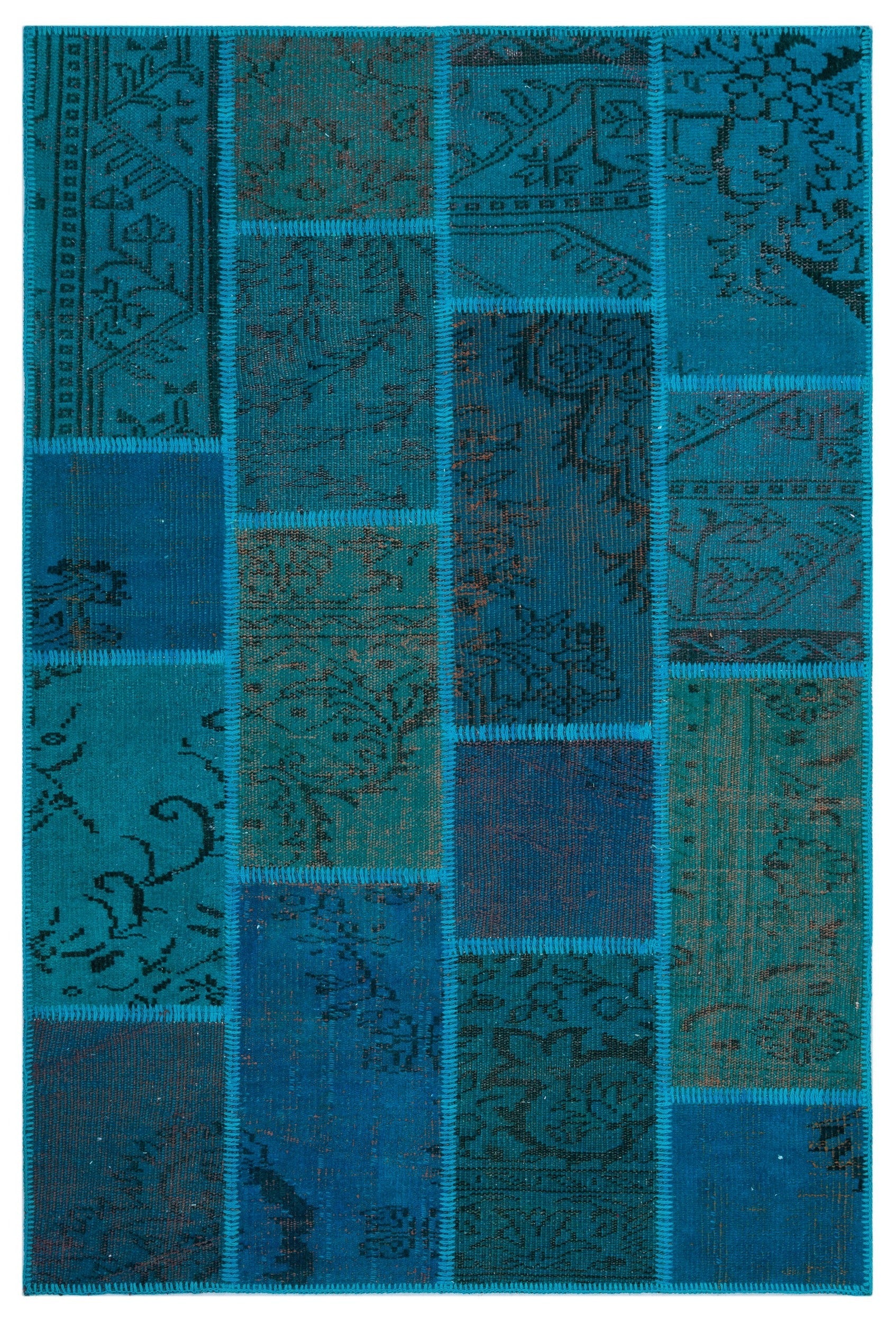 Iskece 26723 Turquoise Patchwork Wool Handmade Area Rug 3'11" x 5'11"