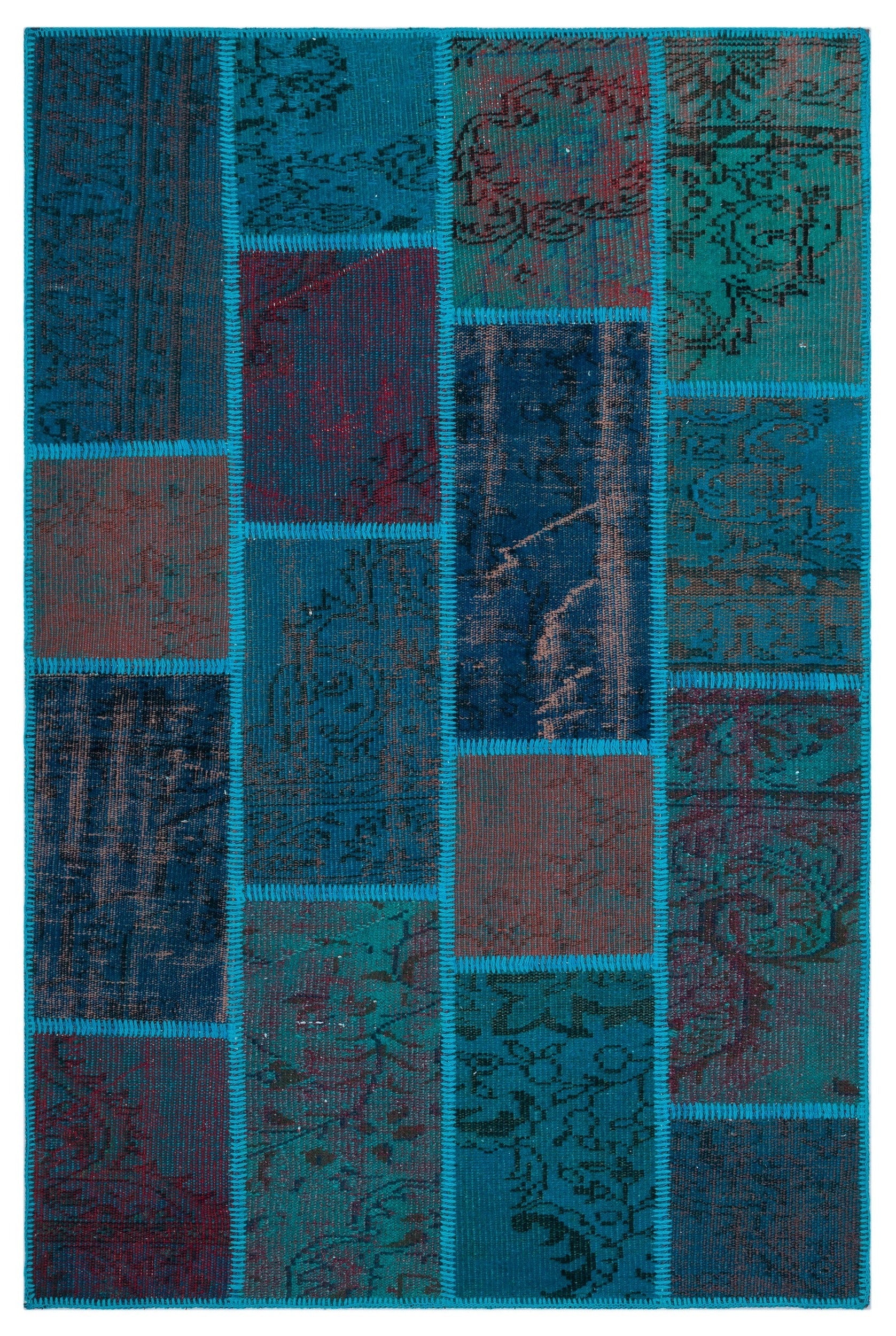 Iskece 26723 Turquoise Patchwork Wool Handmade Area Rug 3'11" x 5'11"