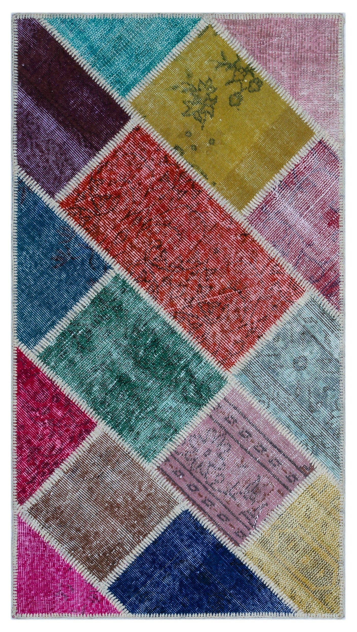 Iskece 26733 Beige Patchwork Wool Handmade Area Rug 2'9" x 5'0"