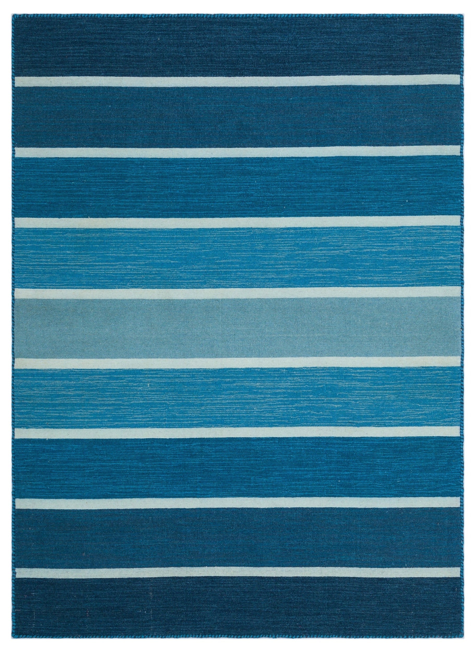 Girit Blue Striped Wool Handmade Area Rug 4'2" x 5'8"