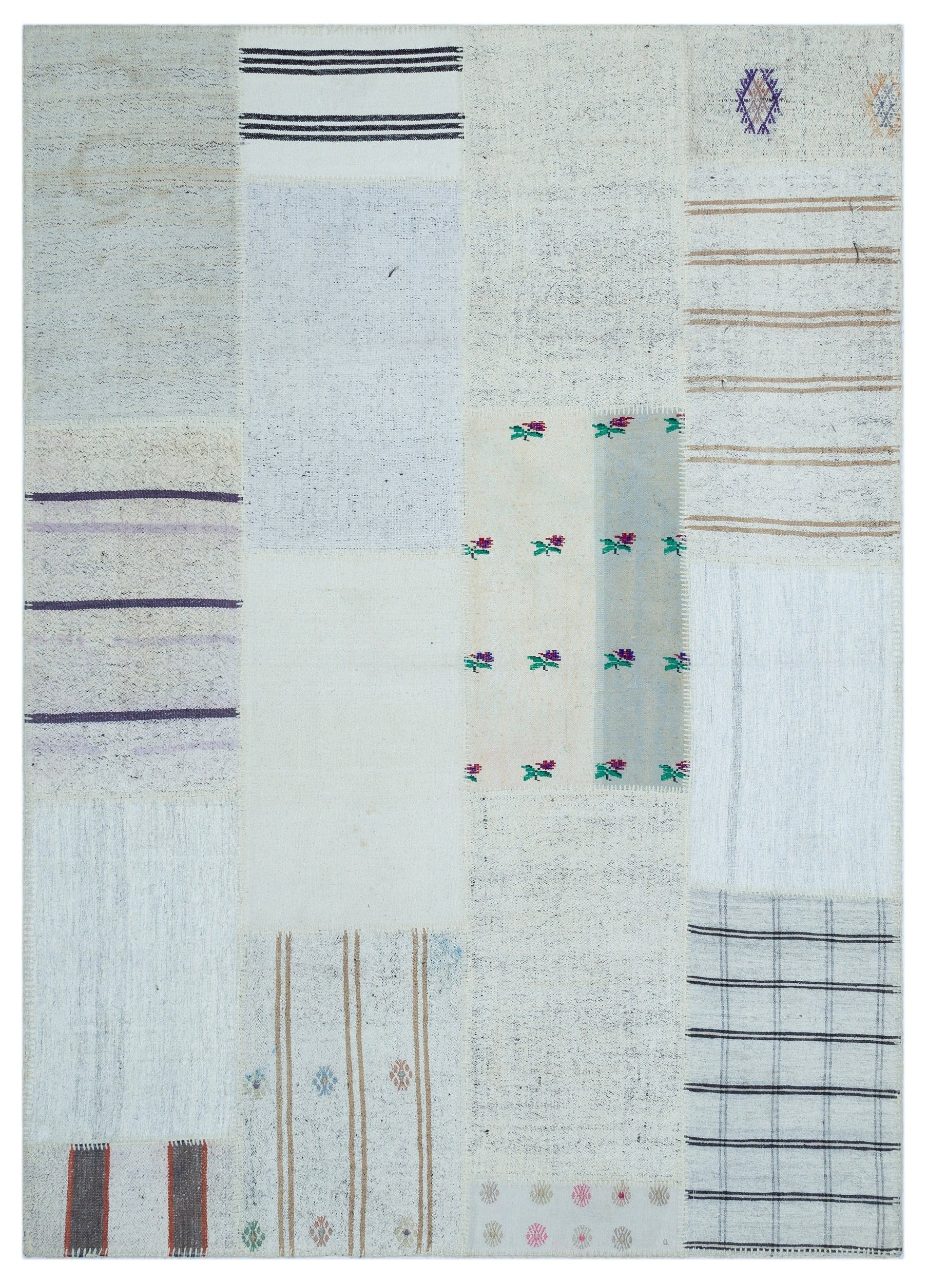Teselya Beige Striped Wool Handmade Area Rug 5'3" x 7'3"