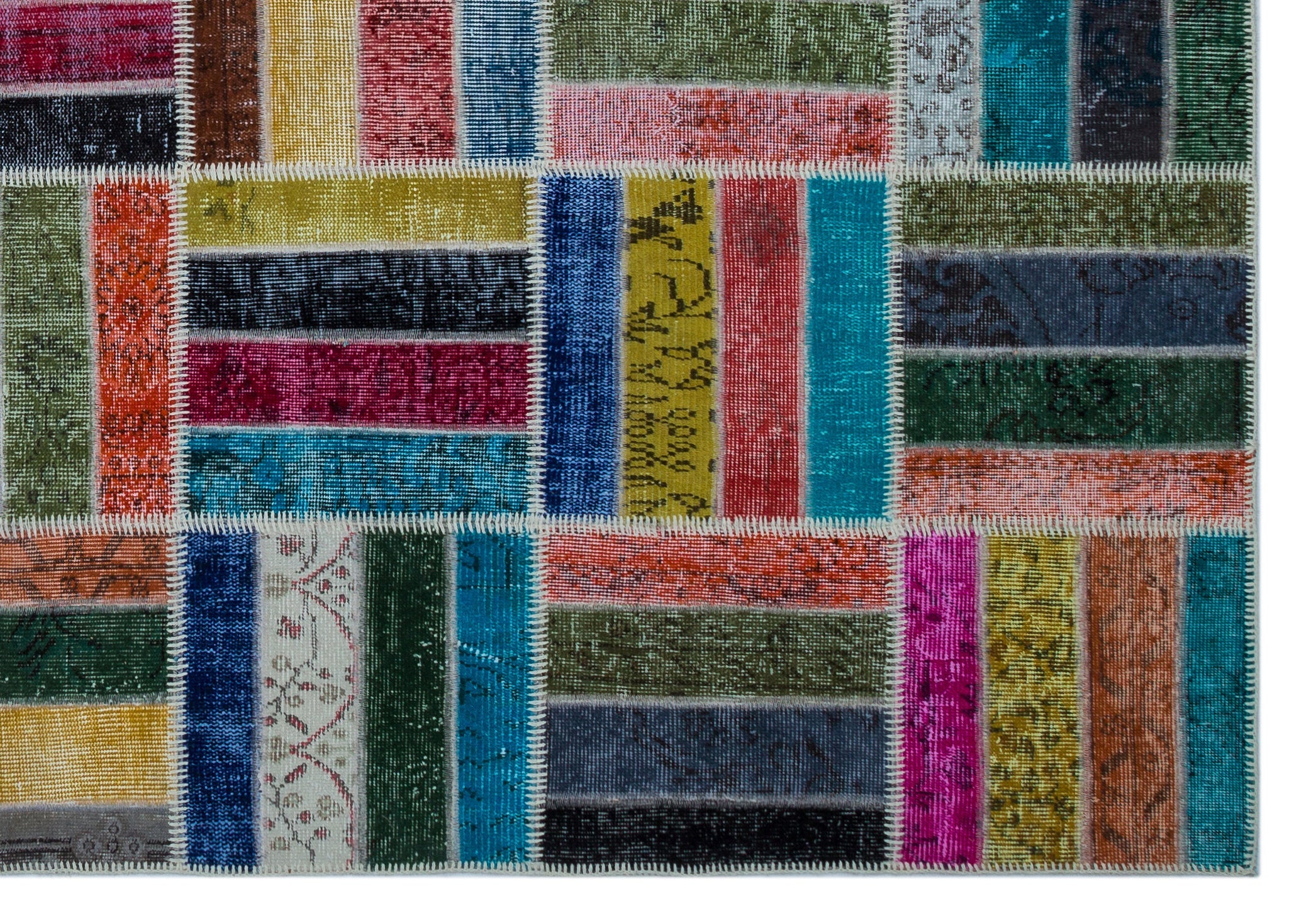 Iskece 26797 Beige Patchwork Wool Handmade Area Rug 6'6" x 9'5"