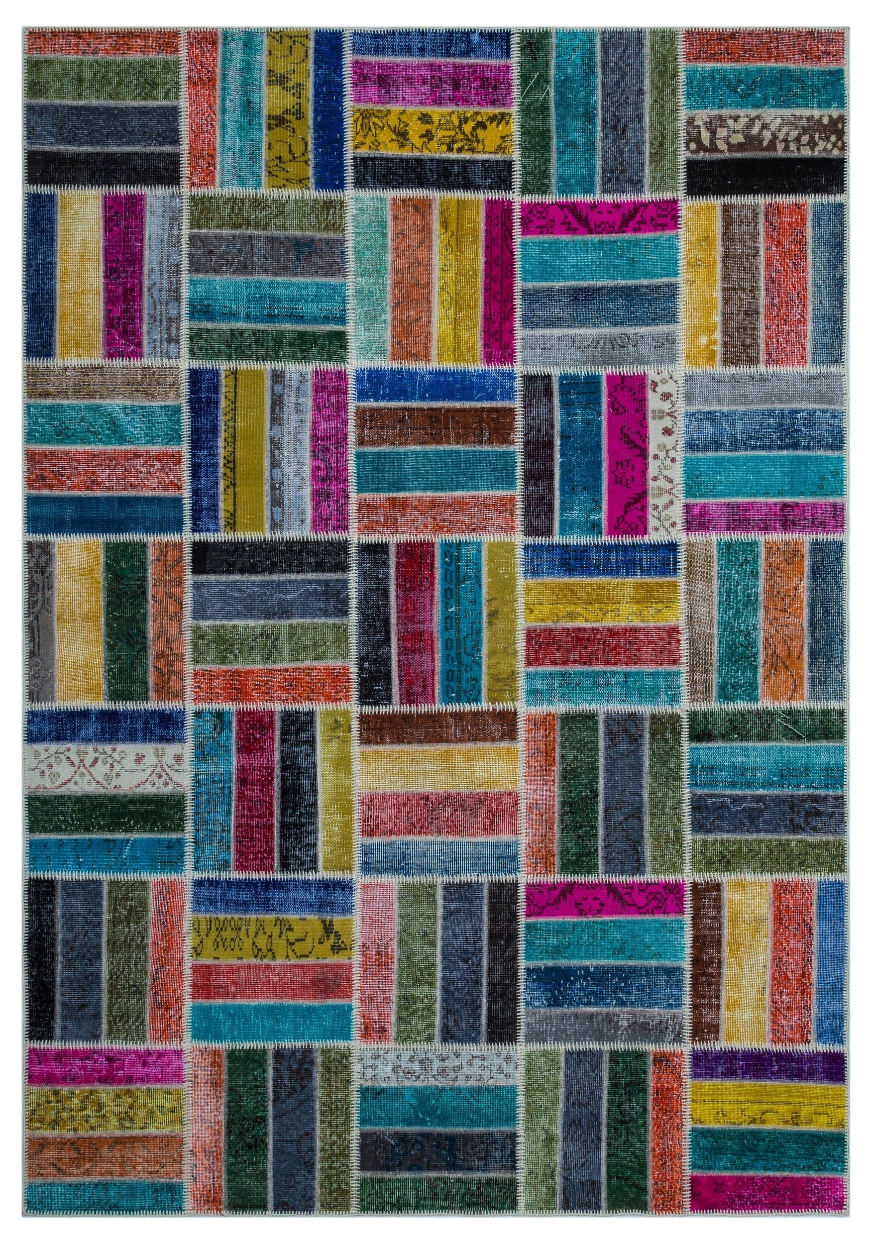 Iskece 26797 Beige Patchwork Wool Handmade Area Rug 6'6" x 9'5"