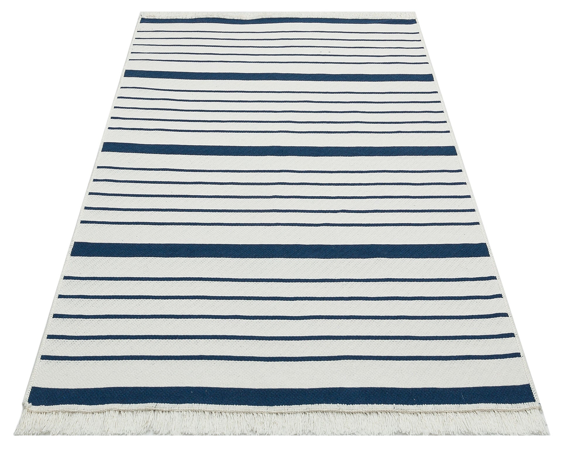 Blue Striped Cotton Kilim - Washable Non Slip Modern Woven Rug for Living Room