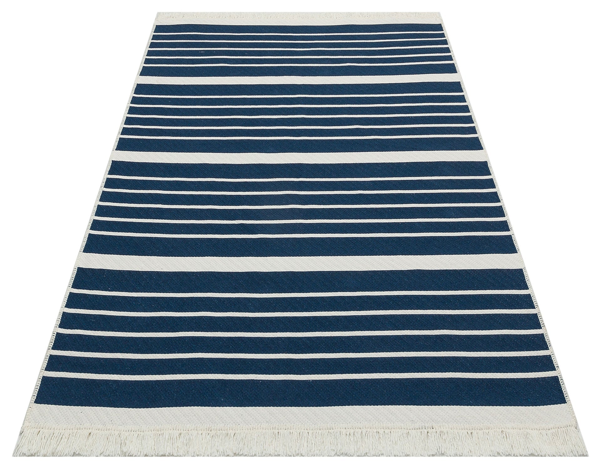 Blue Striped Cotton Kilim - Washable Non Slip Modern Woven Rug for Living Room