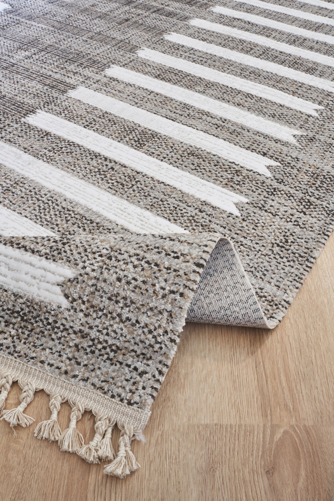 Machine Made Area Rug - Grey White Striped Cotton Yarn Carpet for Living Room