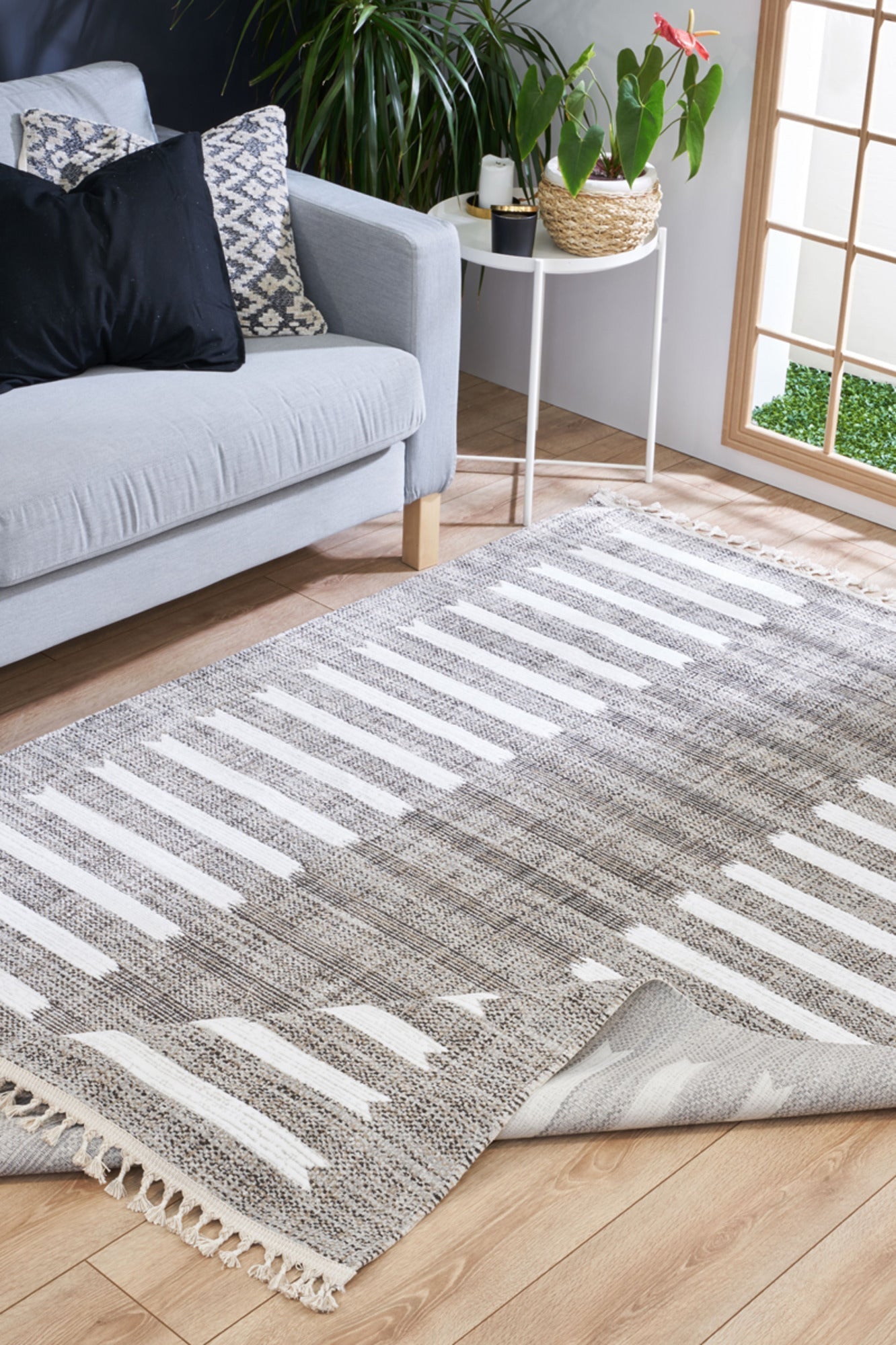 Machine Made Area Rug - Grey White Striped Cotton Yarn Carpet for Living Room