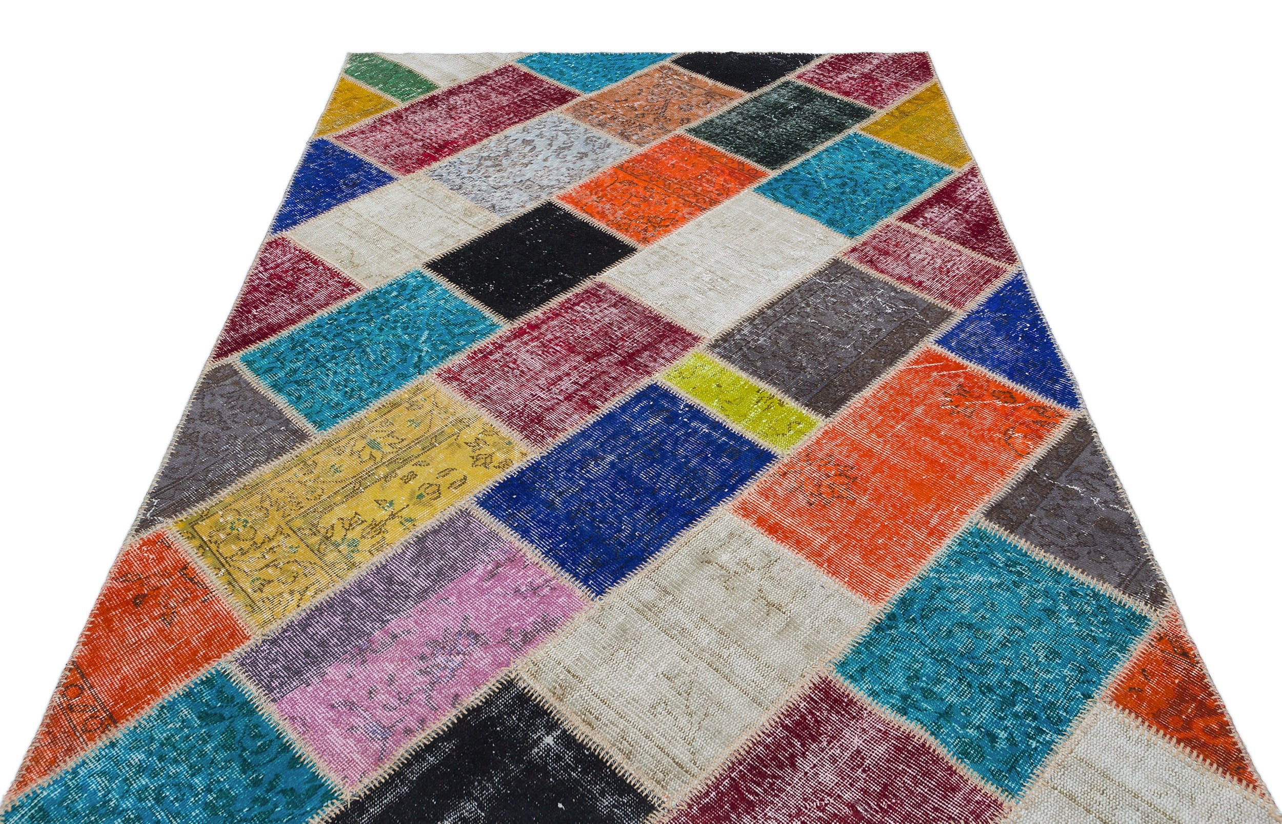 Iskece 29469 Beige Patchwork Wool Handmade Area Rug 5'3" x 7'7"