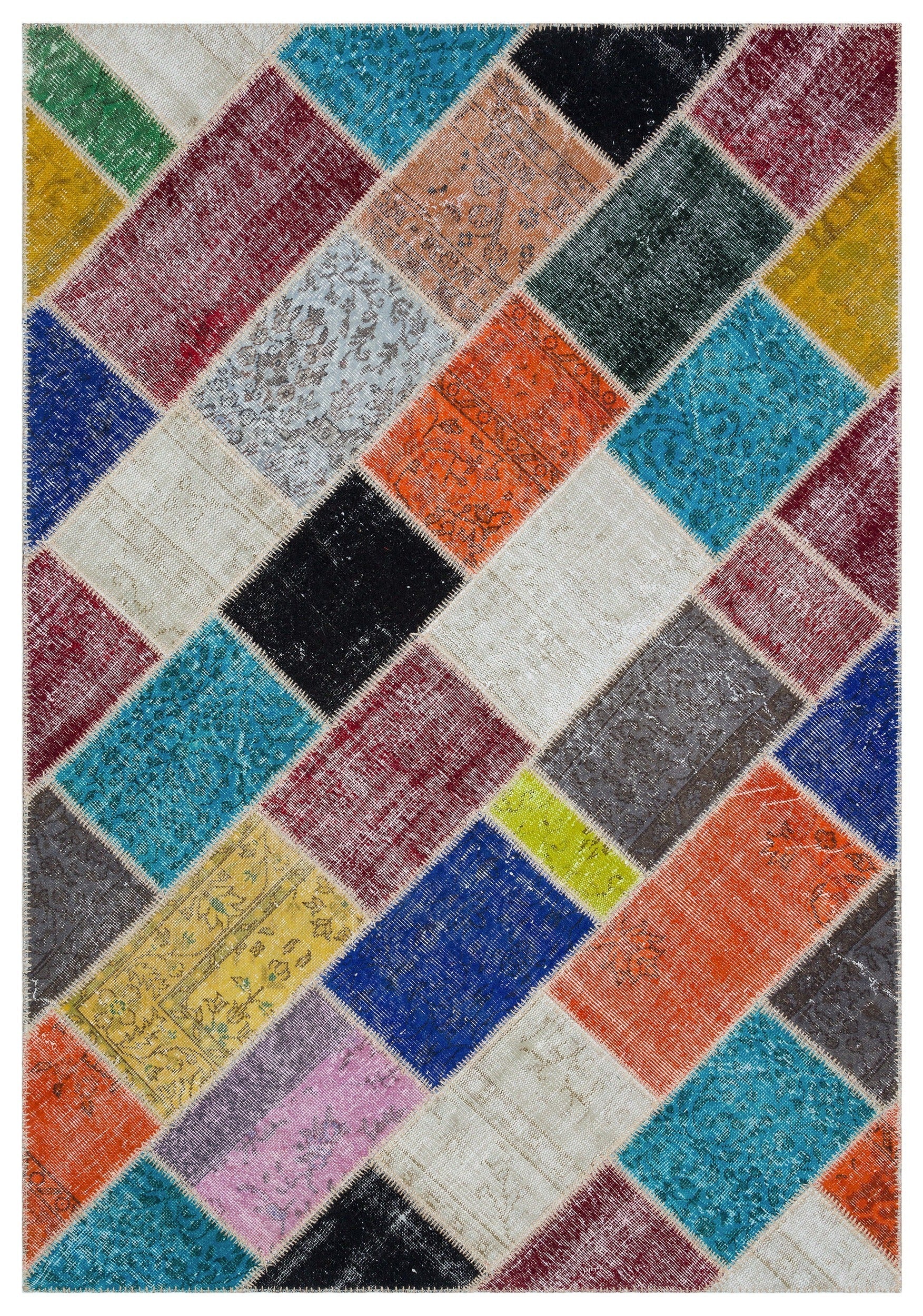 Iskece 29469 Beige Patchwork Wool Handmade Area Rug 5'3" x 7'7"