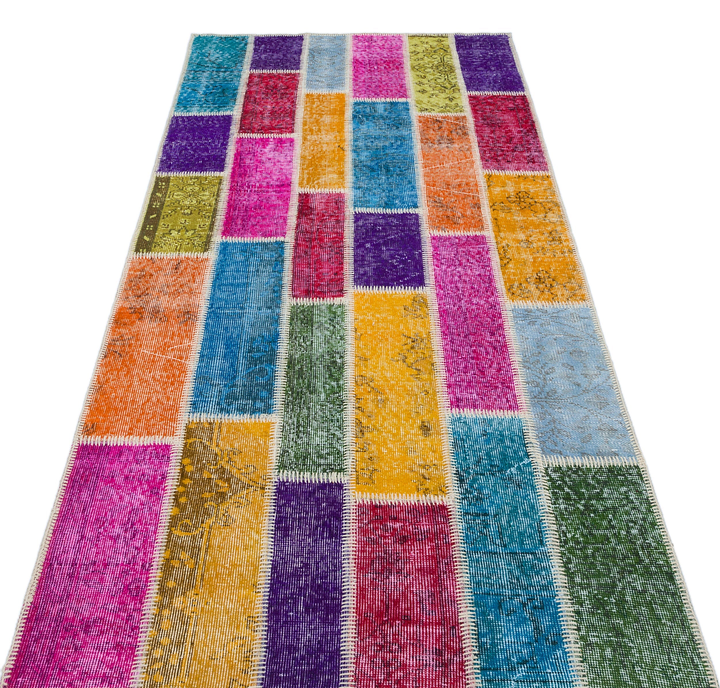 Iskece 29556 Beige Patchwork Wool Handmade Area Rug 3'8" x 7'10"