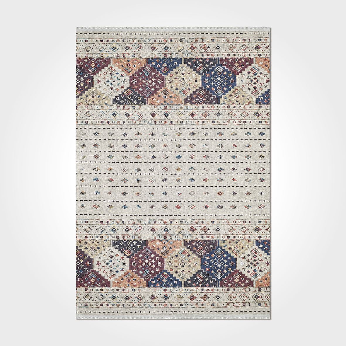 Geometric Area Rug – Washable Non Slip Cream Chenille Cotton Carpet for Living Room