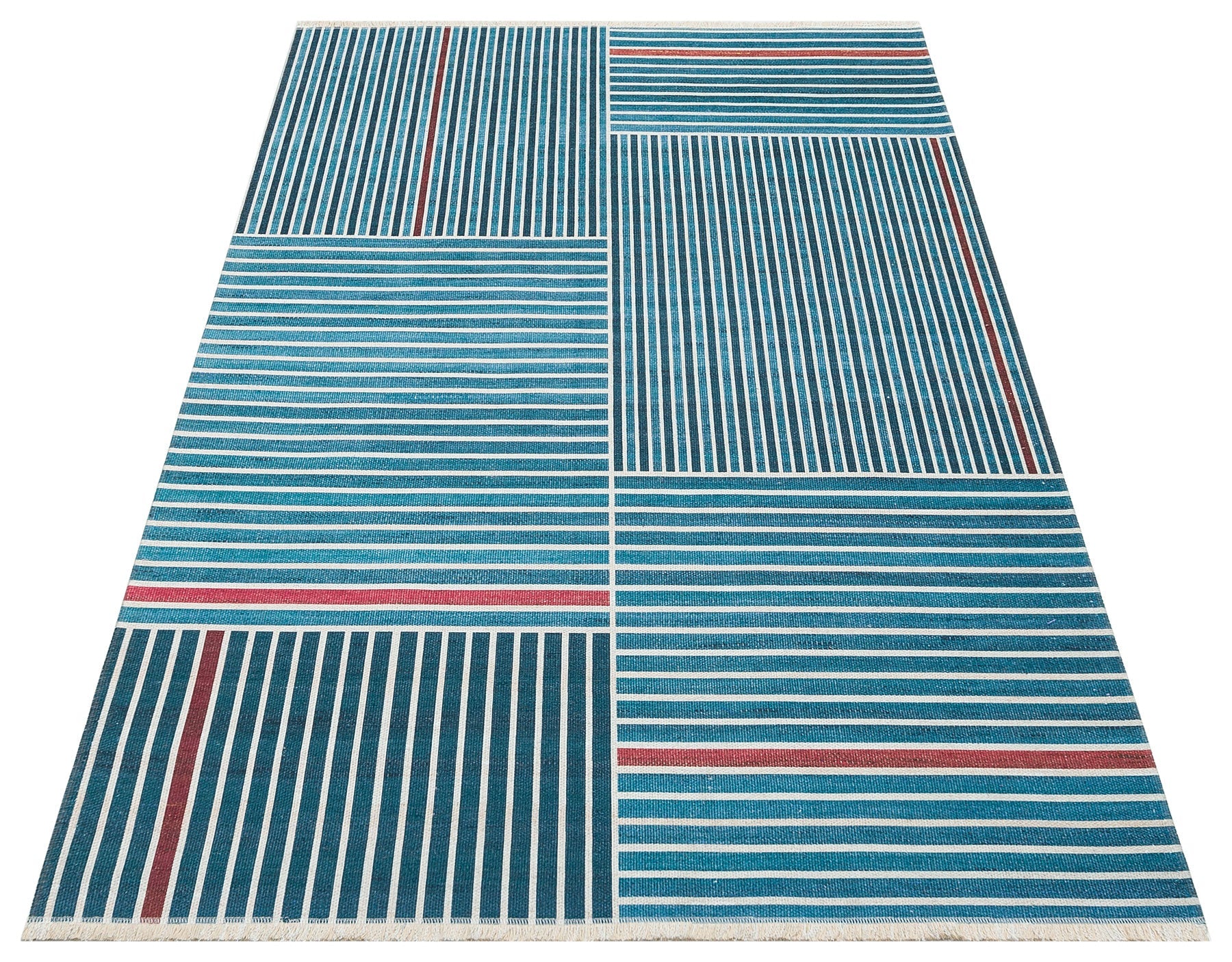 Blue Striped Kilim Rug – Modern Patterned Washable Area Rug with Soft Texture