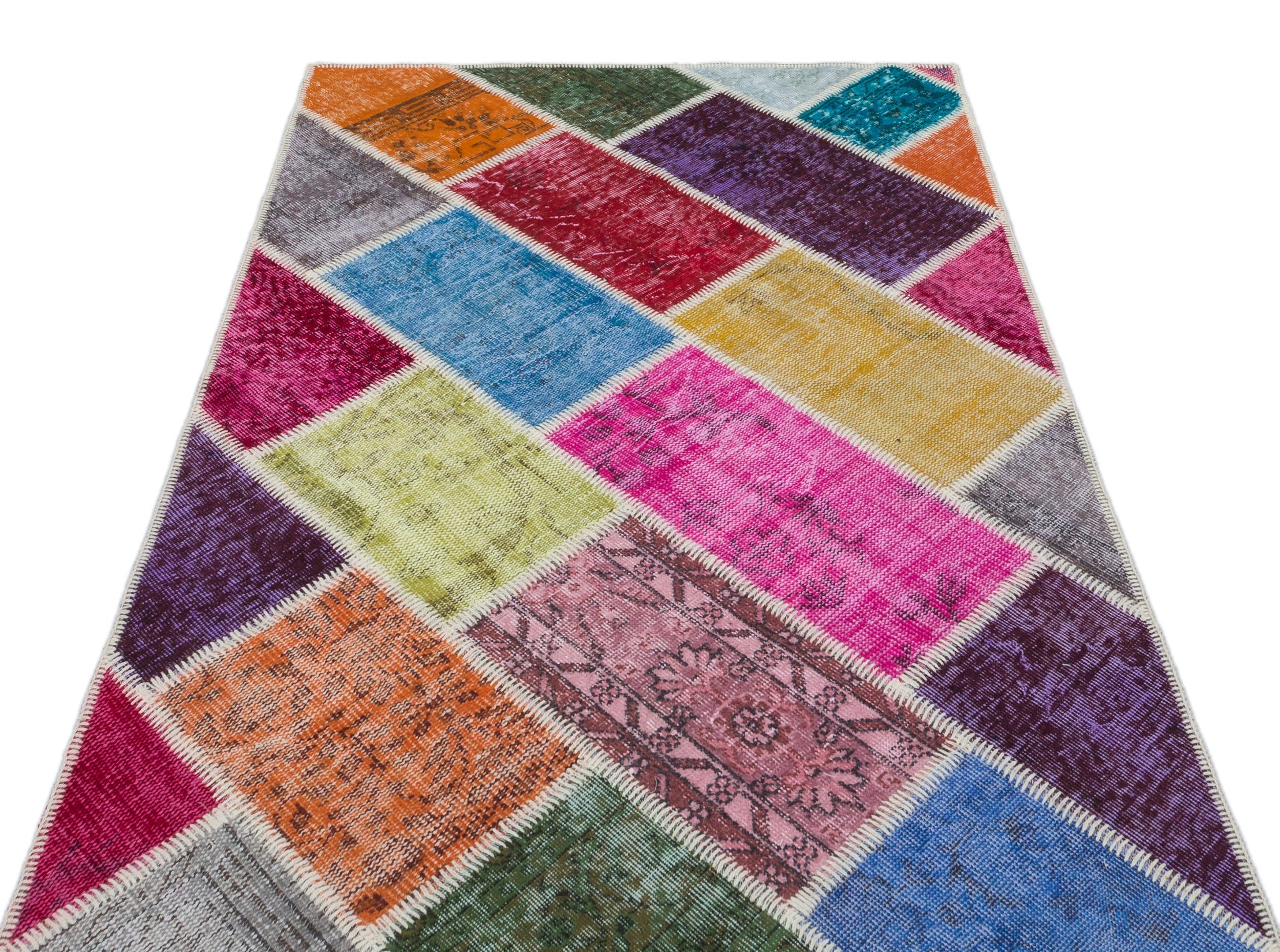 Iskece 31125 Beige Patchwork Wool Handmade Area Rug 3'11" x 5'11"