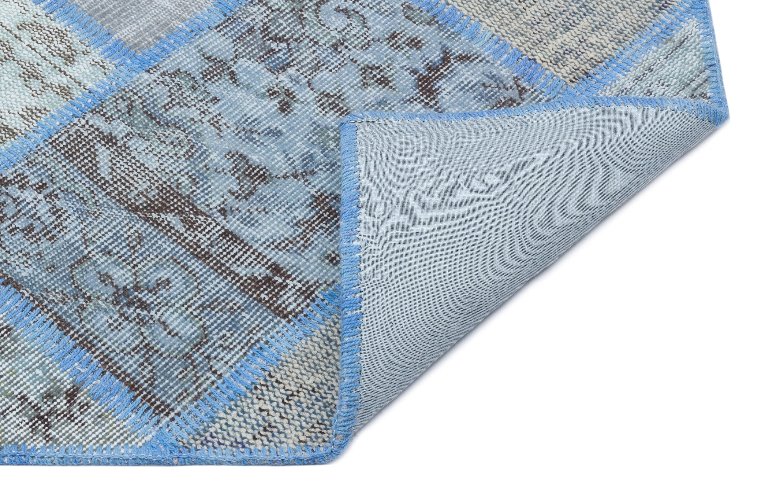Iskece 31134 Blue Patchwork Wool Handmade Area Rug 3'11" x 5'11"