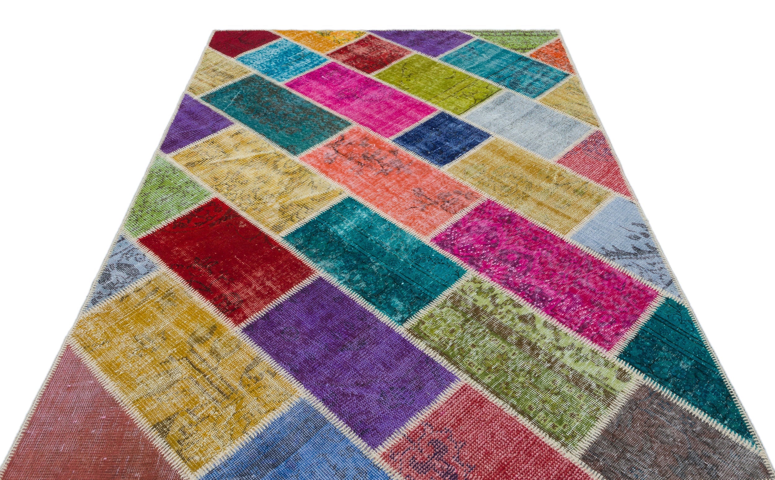 Iskece 31277 Beige Patchwork Wool Handmade Area Rug 5'3" x 7'7"