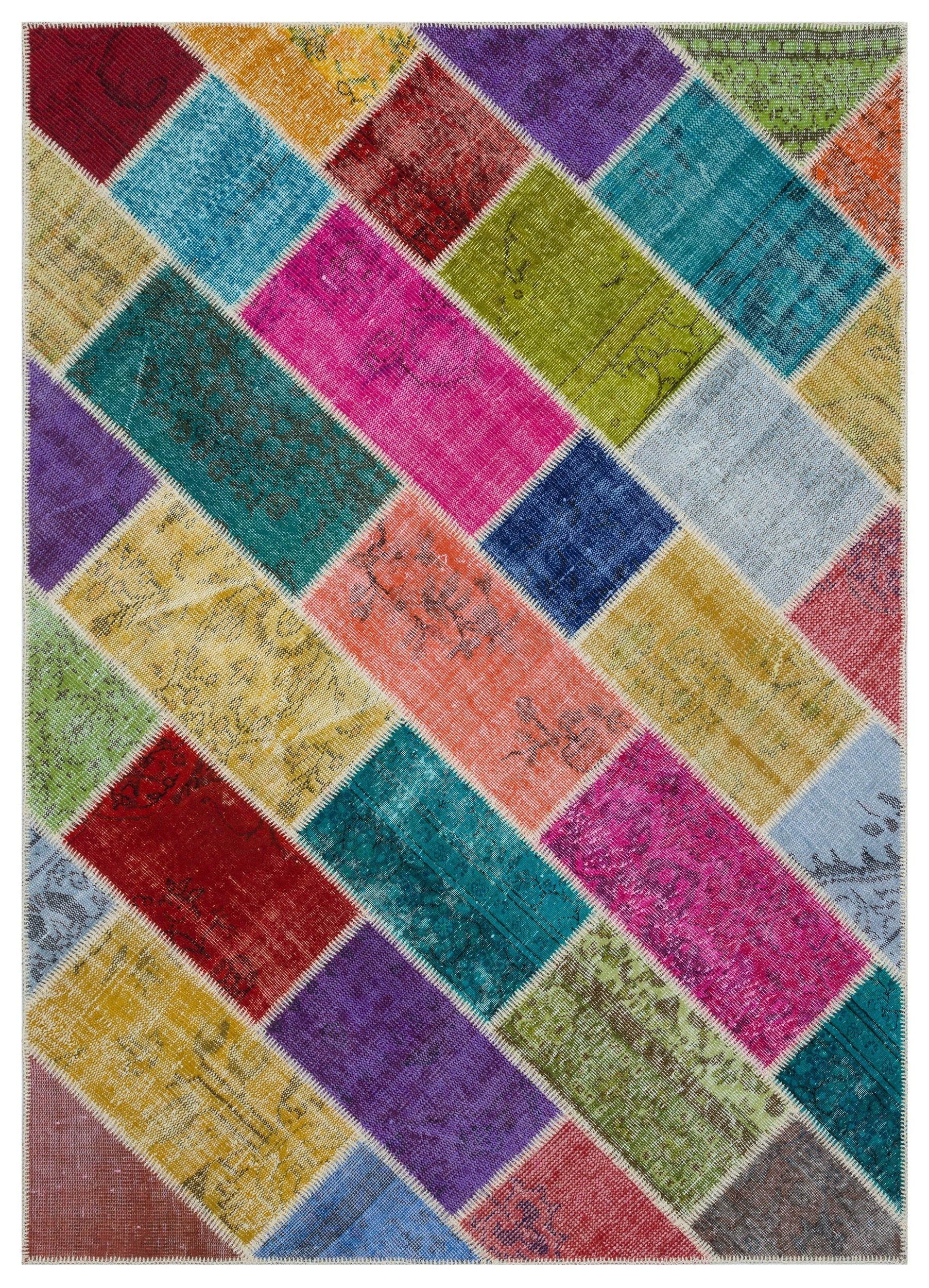 Iskece 31277 Beige Patchwork Wool Handmade Area Rug 5'3" x 7'7"