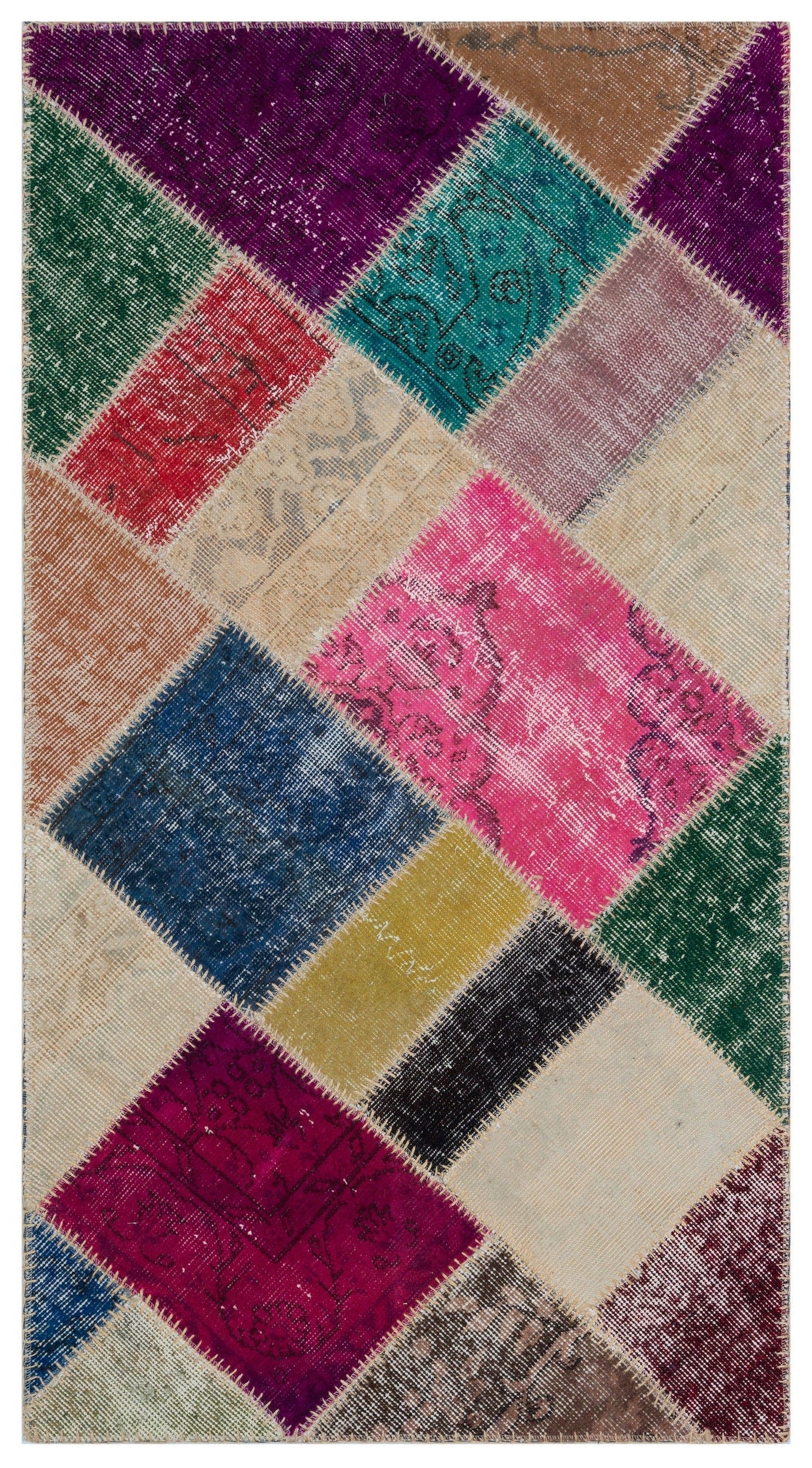 Iskece 31364 Beige Patchwork Wool Handmade Area Rug 2'7" x 4'11"