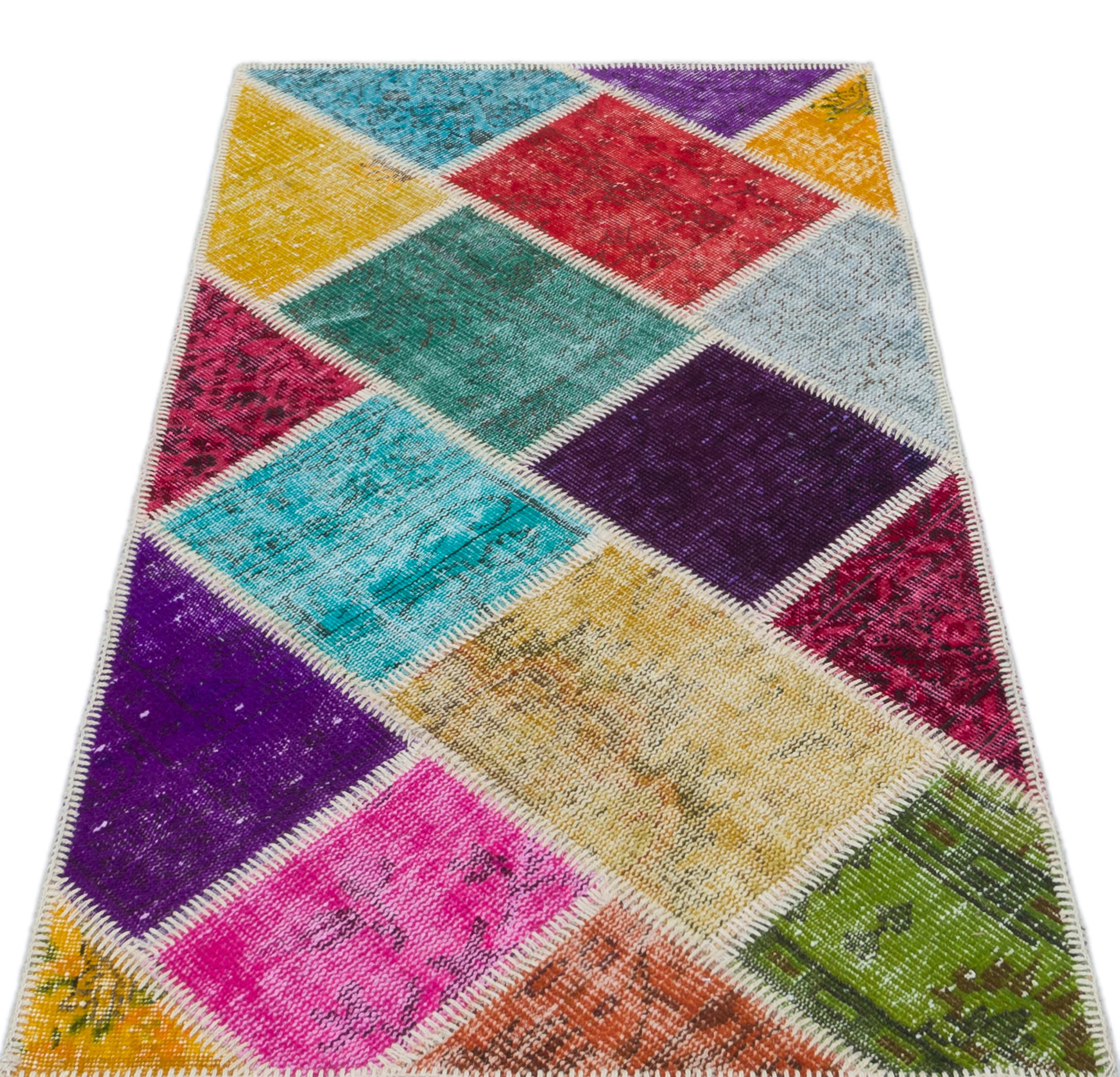 Iskece 31375 Beige Patchwork Wool Handmade Area Rug 2'7" x 4'11"