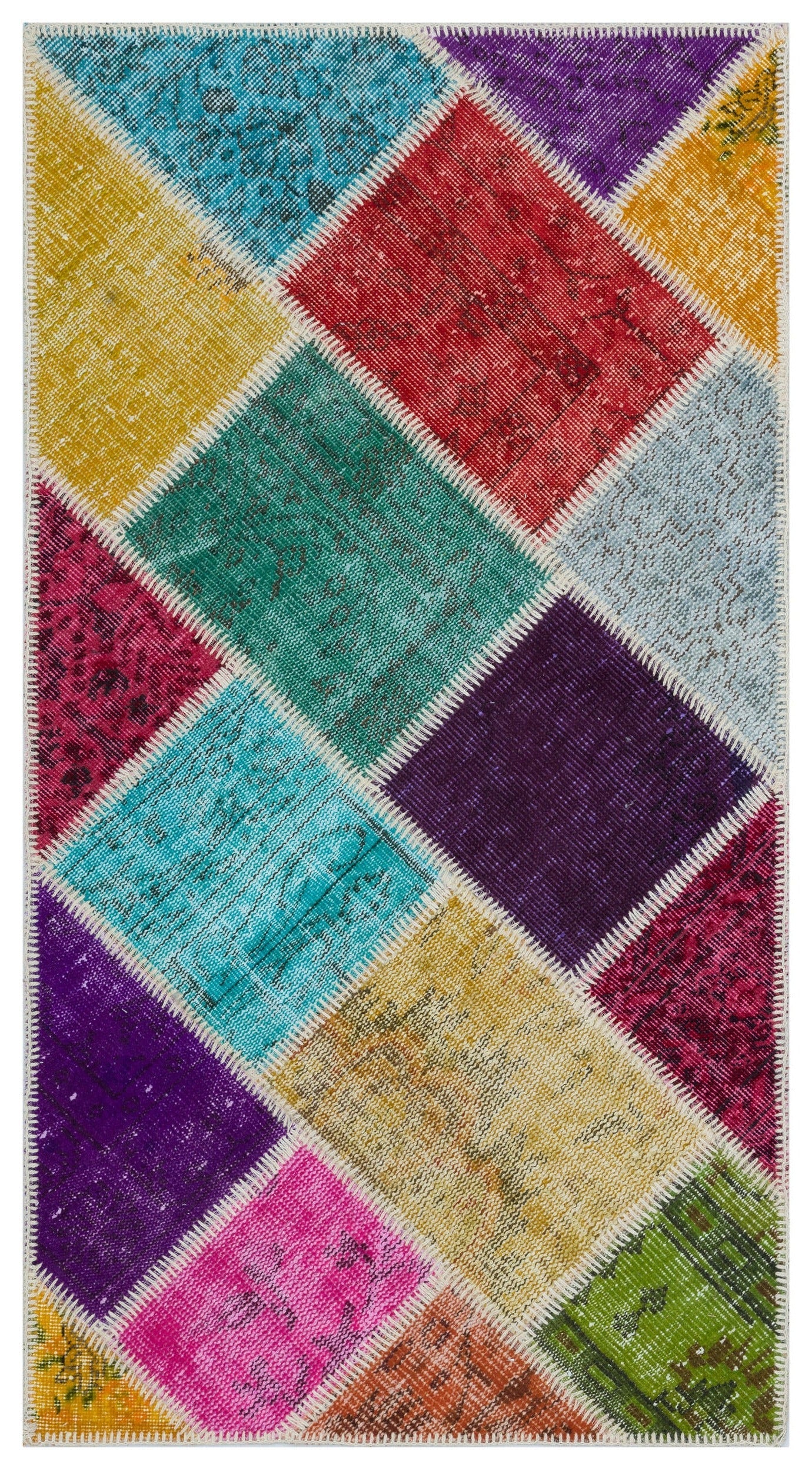 Iskece 31375 Beige Patchwork Wool Handmade Area Rug 2'7" x 4'11"