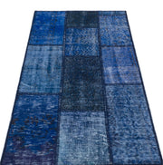 Iskece 31384 Blue Patchwork Wool Handmade Area Rug 2'7" x 4'11"