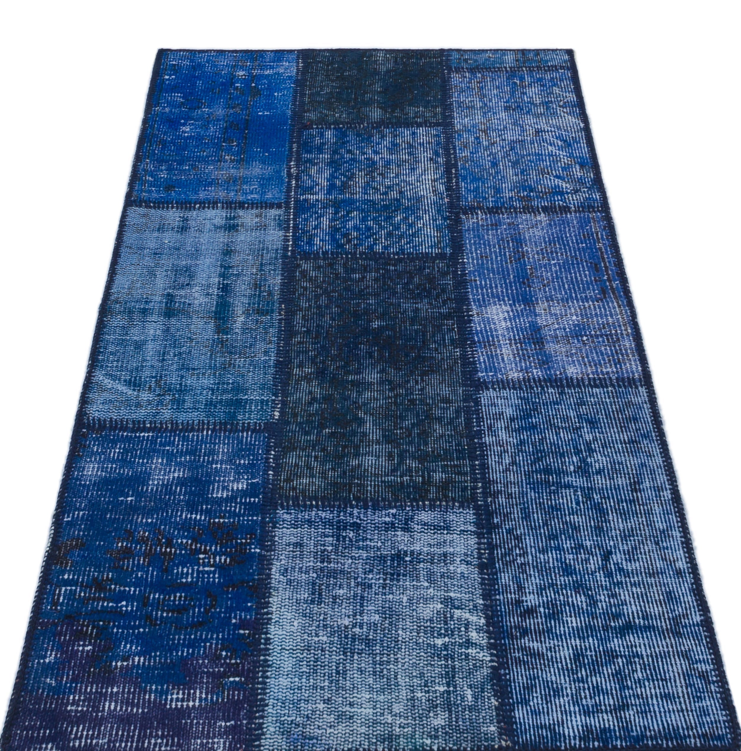 Iskece 31384 Blue Patchwork Wool Handmade Area Rug 2'7" x 4'11"