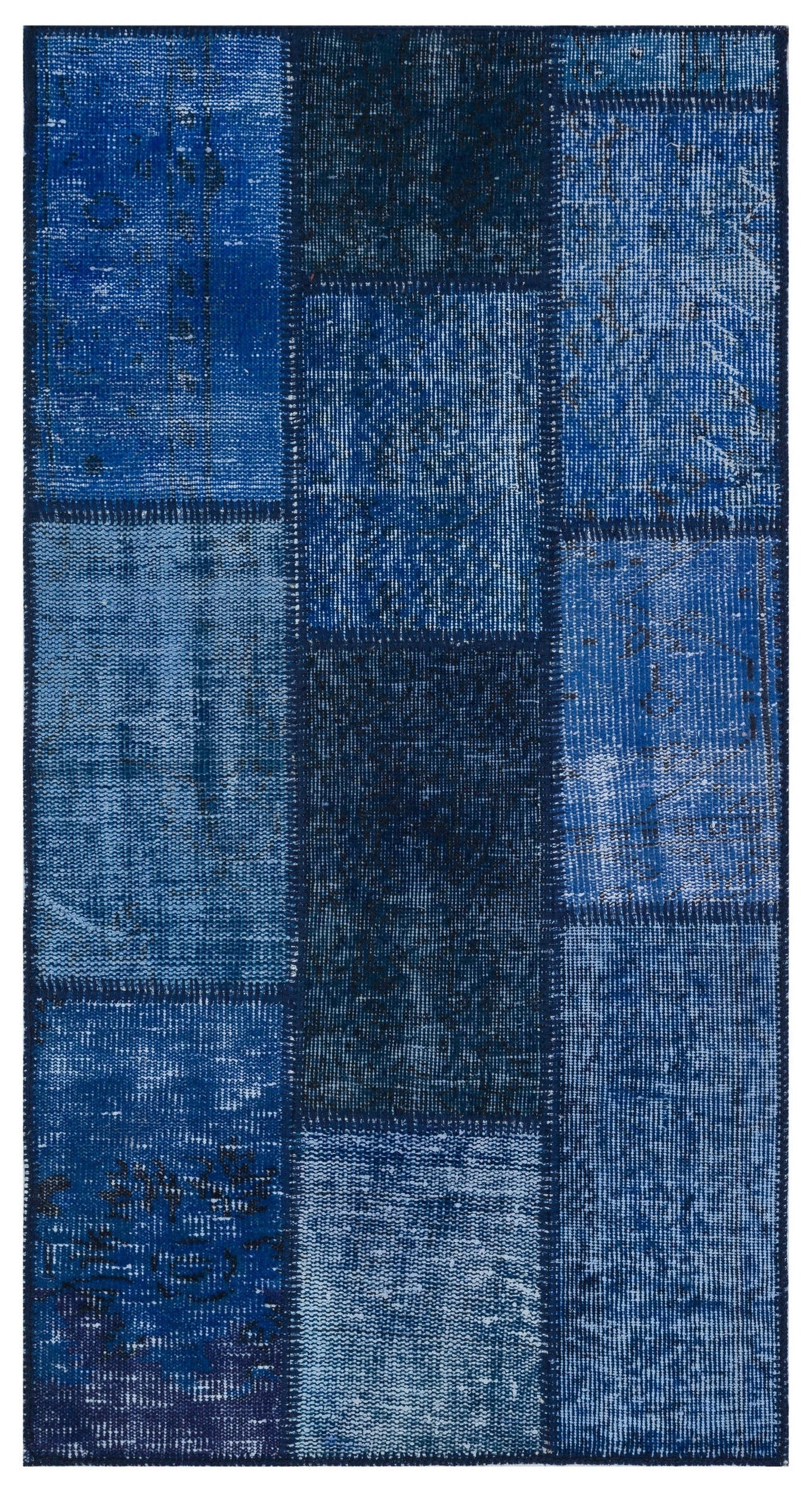 Iskece 31384 Blue Patchwork Wool Handmade Area Rug 2'7" x 4'11"