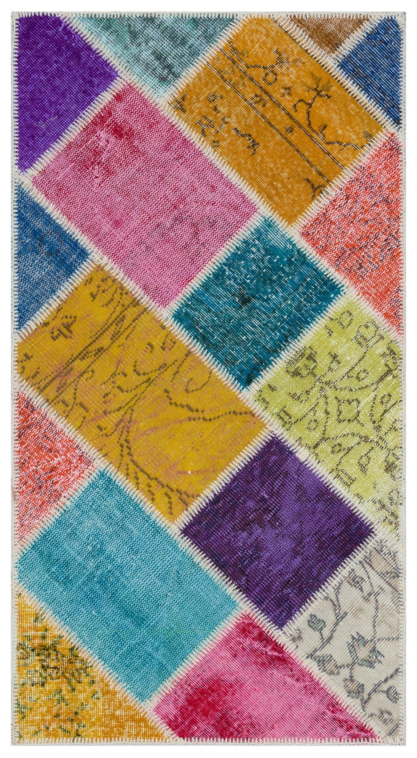 Iskece 31390 Beige Patchwork Wool Handmade Area Rug 2'7" x 4'11"