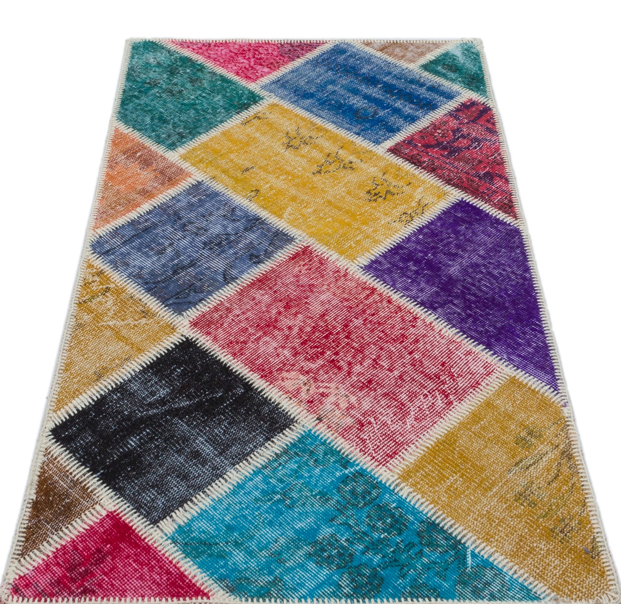 Iskece 31401 Beige Patchwork Wool Handmade Area Rug 2'7" x 4'11"