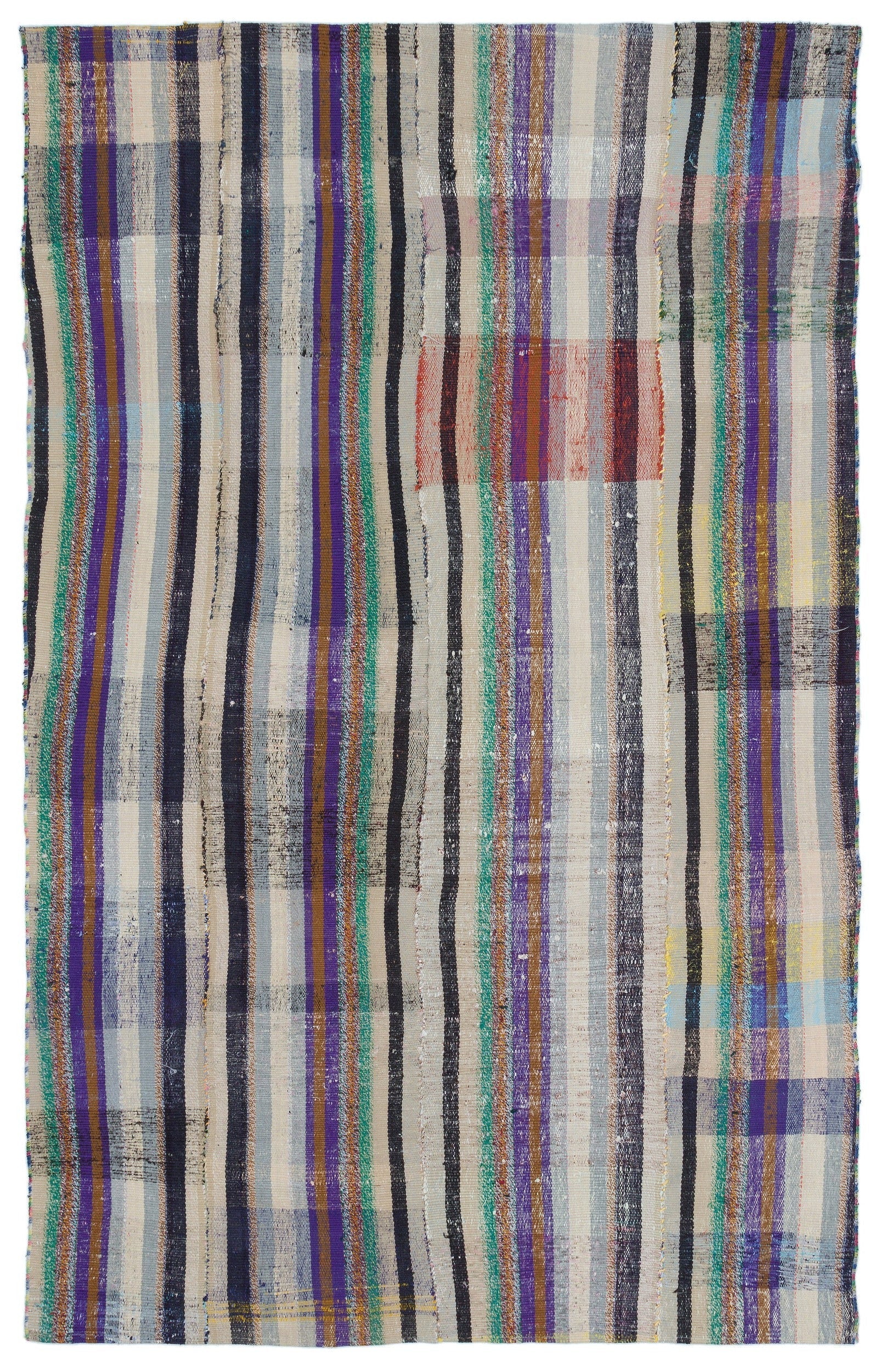 Girit Beige Striped Wool Handmade Area Rug 4'10" x 7'7"