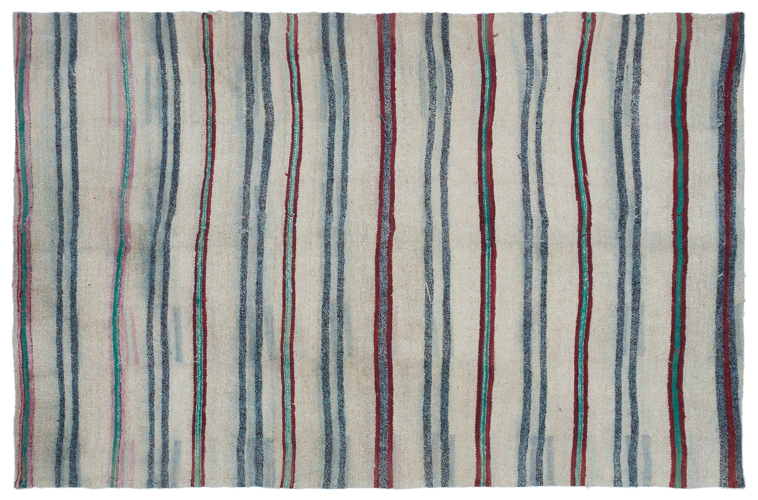 Girit Beige Striped Wool Handmade Area Rug 5'5" x 8'4"