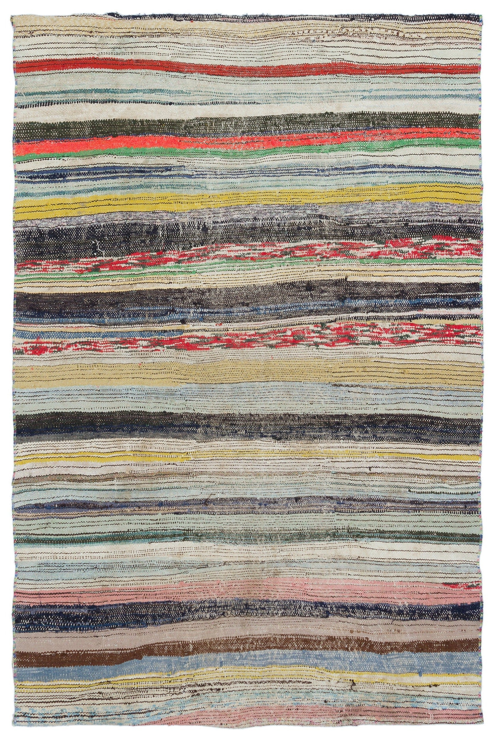 Girit Beige Striped Wool Handmade Area Rug 4'2" x 6'5"