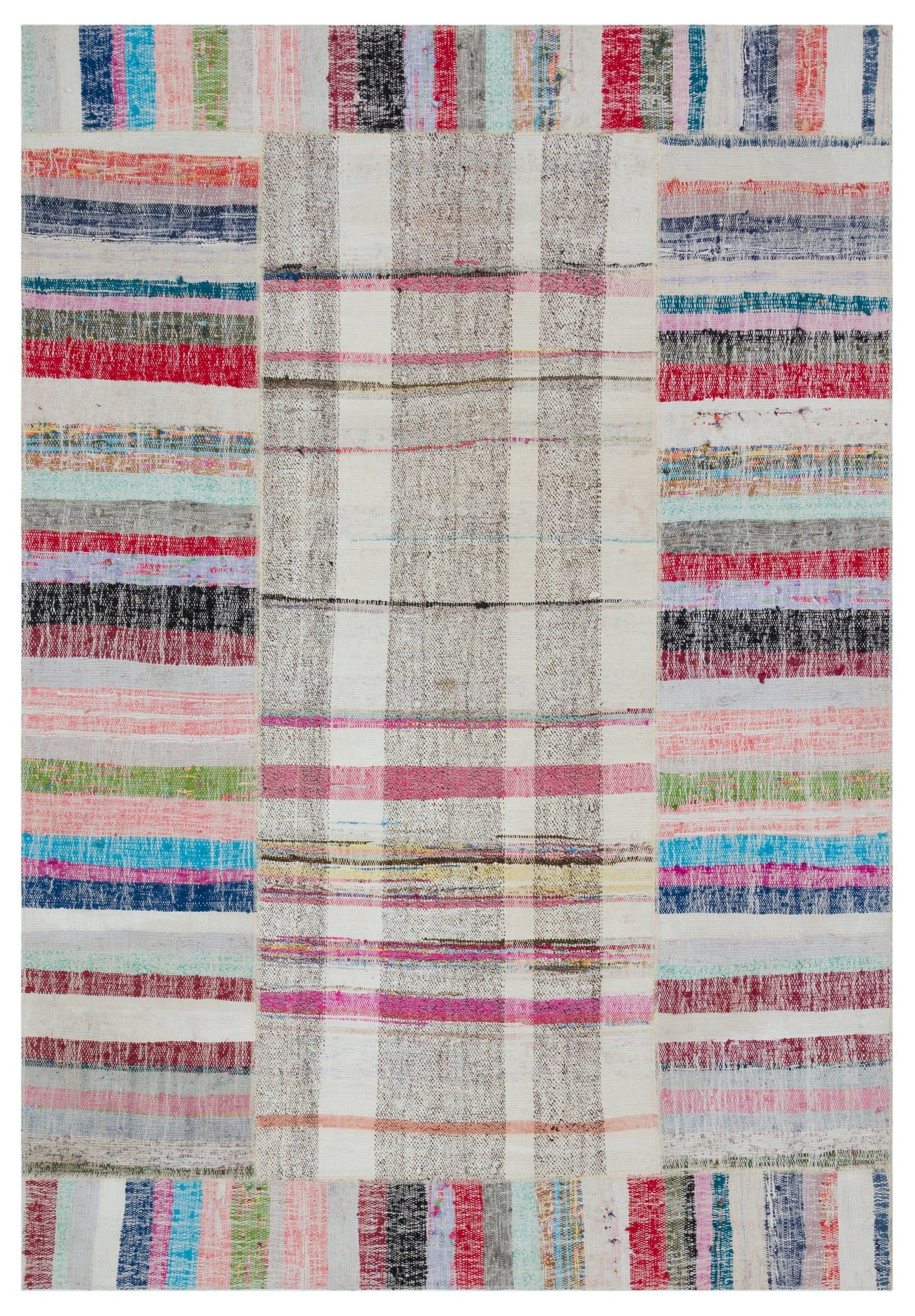 Teselya Beige Striped Wool Handmade Area Rug 5'3" x 7'7"