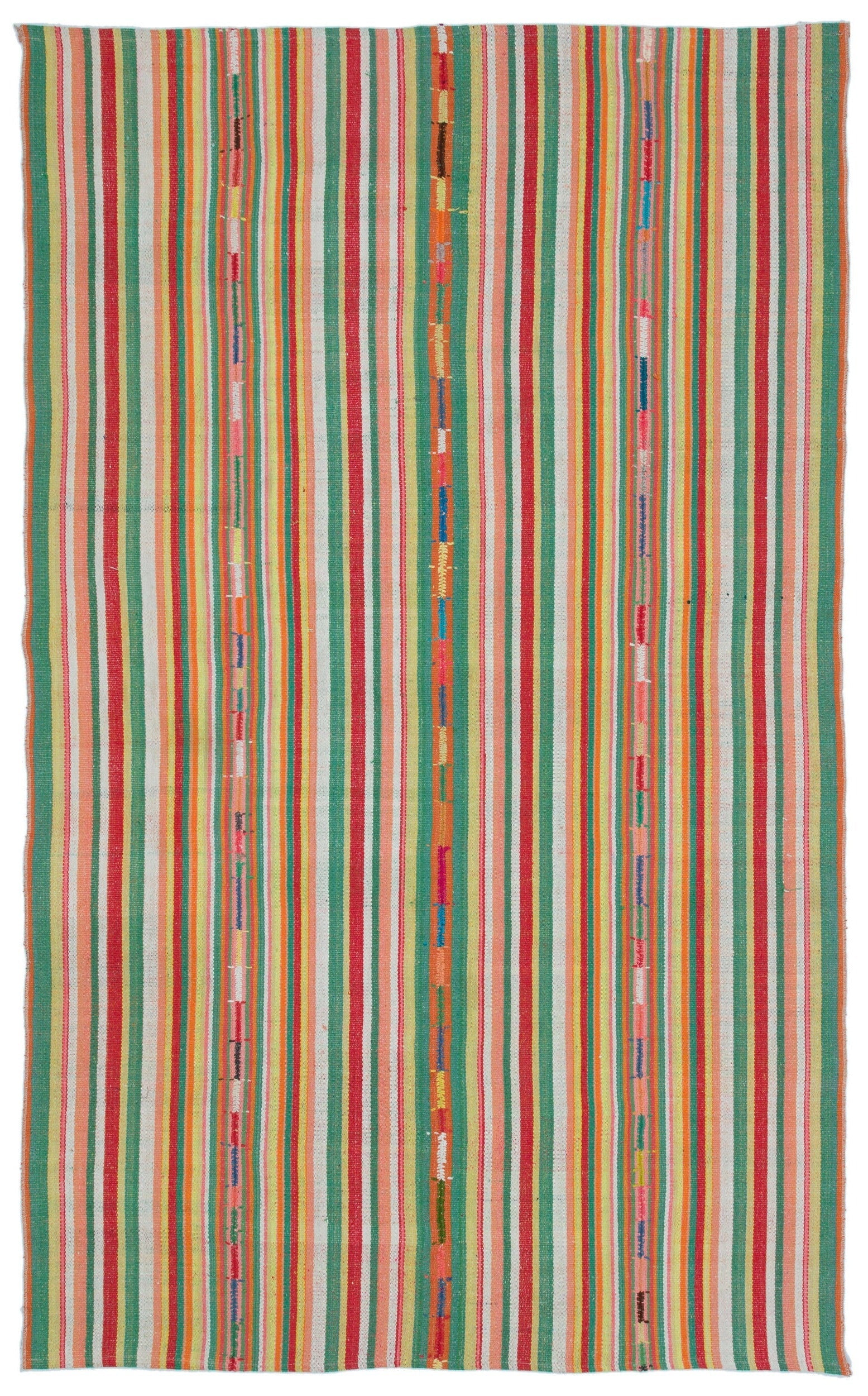 Girit Green Striped Wool Handmade Area Rug 5'5" x 8'8"
