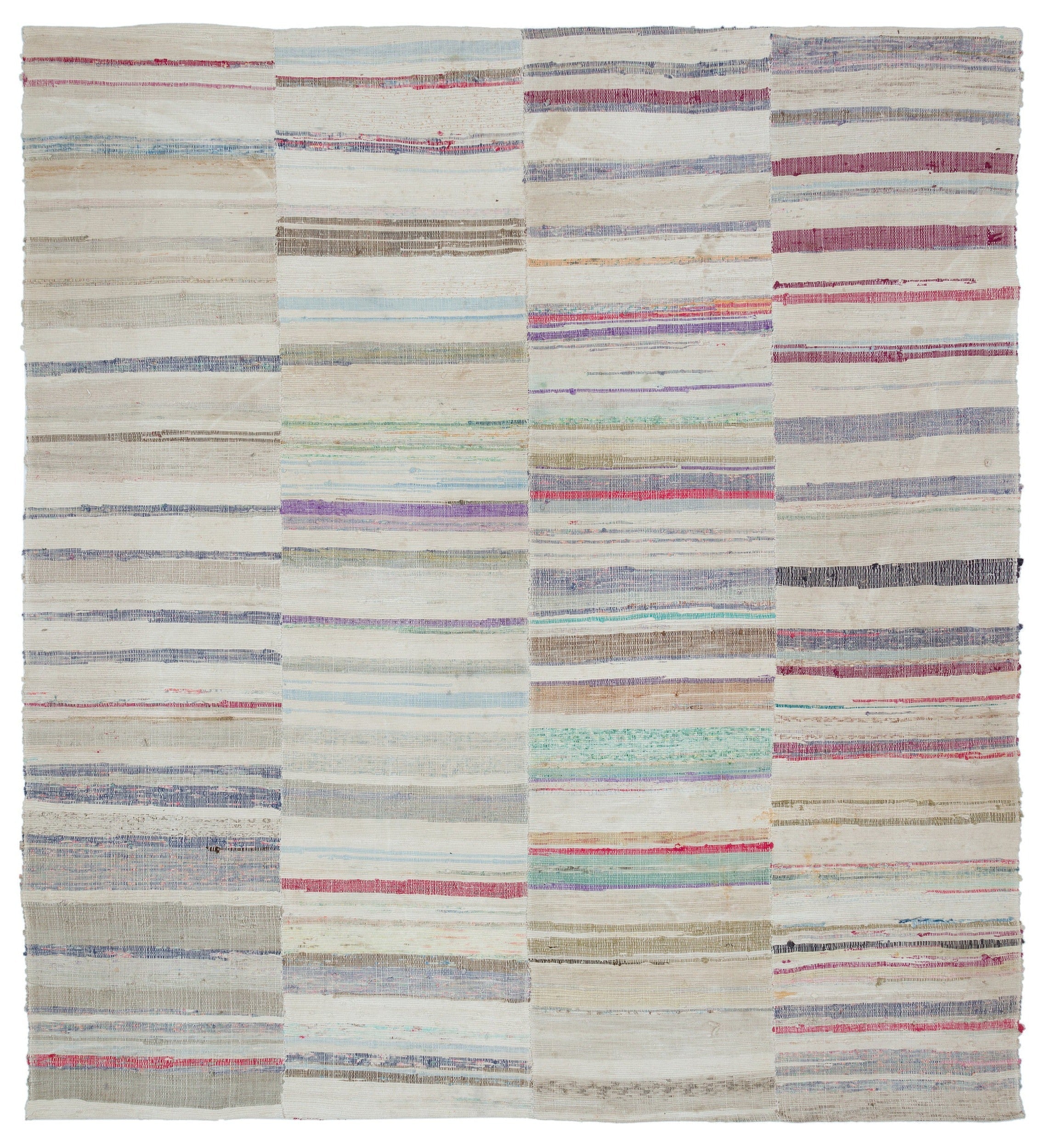Girit Beige Striped Wool Handmade Area Rug 7'7" x 8'8"