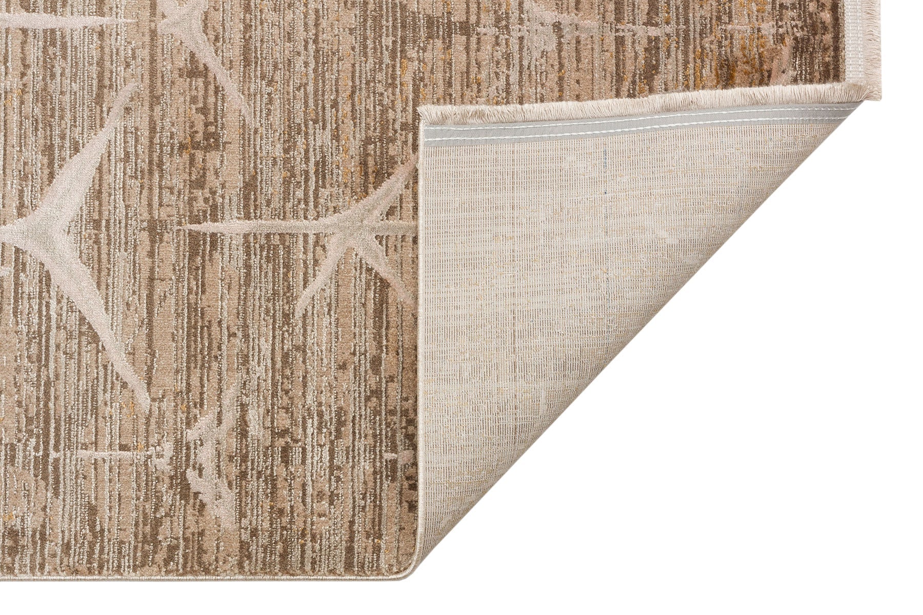 Beige Geometric Area Rug - Machine Made Rug With High Low Carved Design