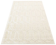 Cream Wool Area Rug - Geometric Machine Made Carpet With Soft Textured Wool