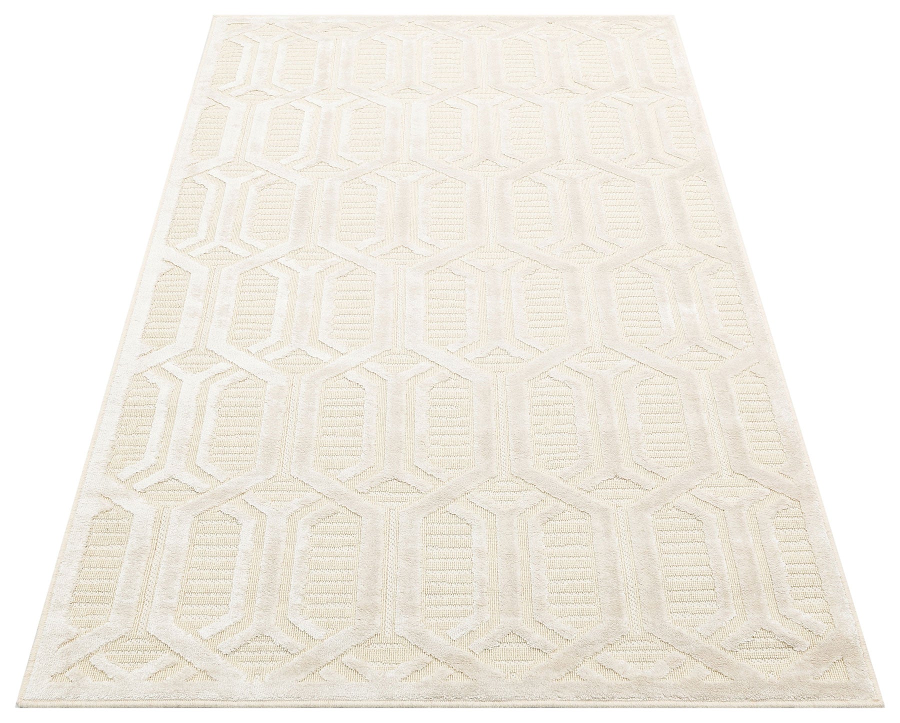 Cream Wool Area Rug - Geometric Machine Made Carpet With Soft Textured Wool