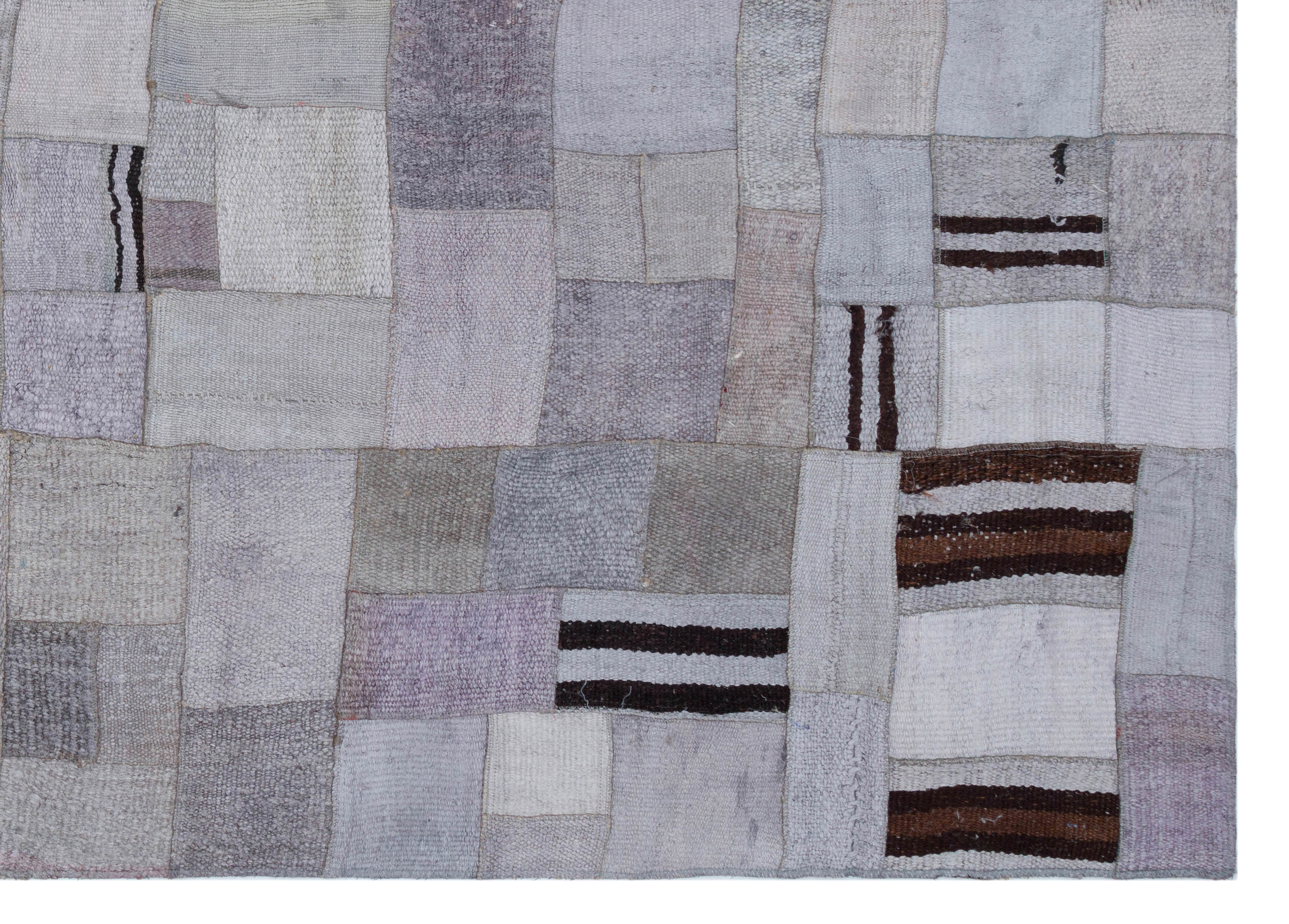 Teselya Blue Patchwork Wool Handmade Area Rug 5'7" x 7'10"