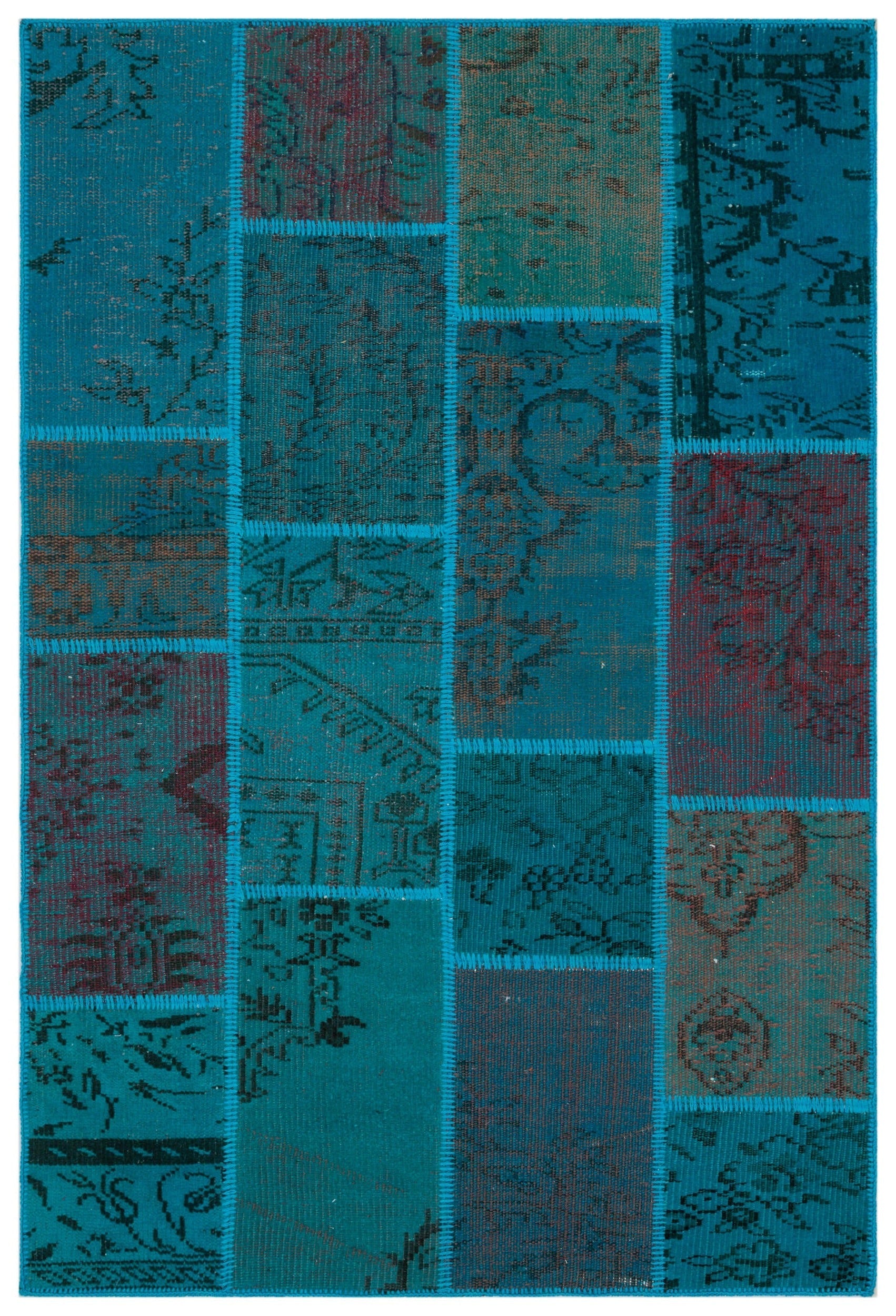 Iskece 33148 Turquoise Patchwork Wool Handmade Area Rug 3'11" x 5'11"