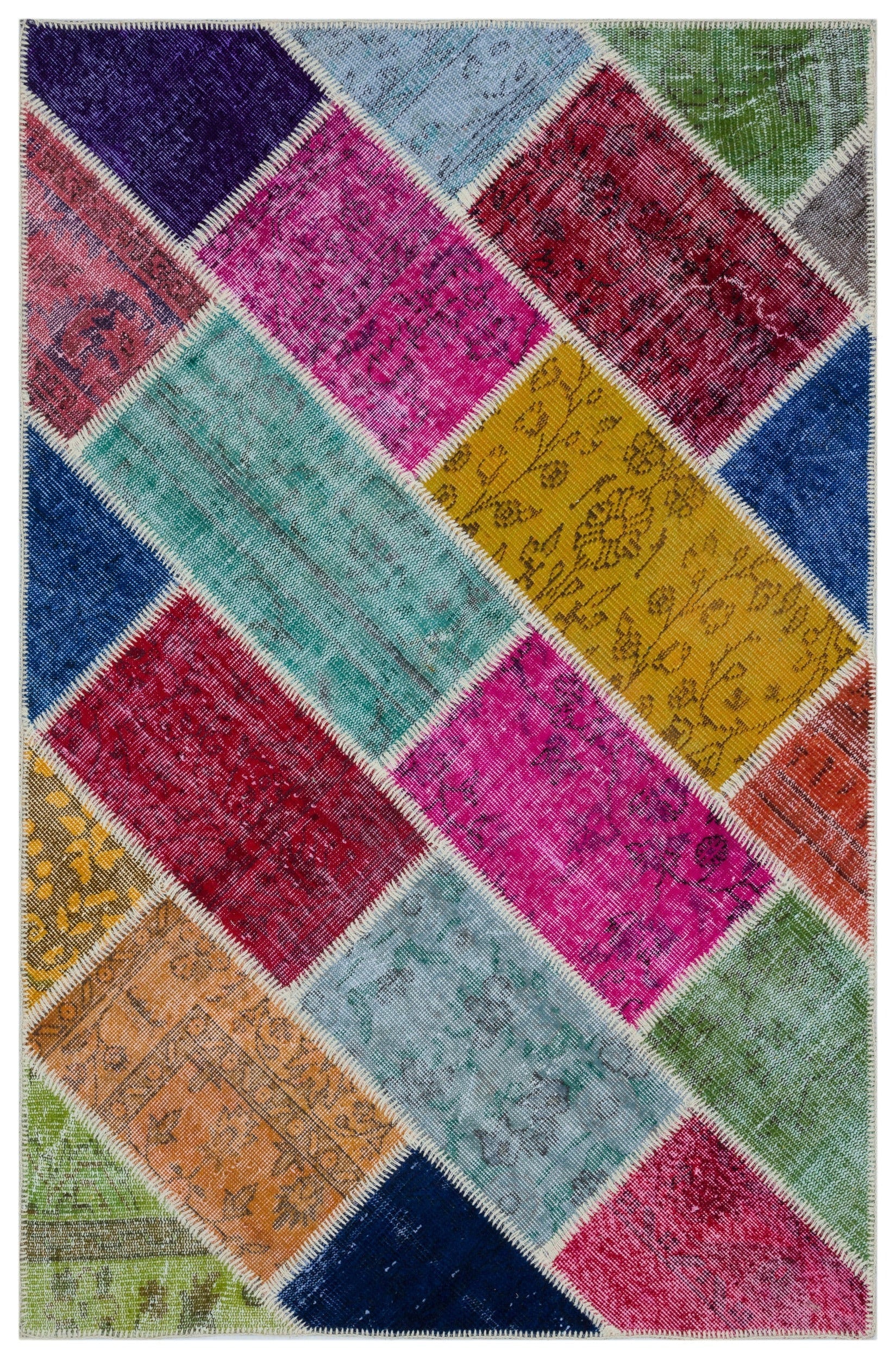 Iskece 33172 Beige Patchwork Wool Handmade Area Rug 3'11" x 6'1"