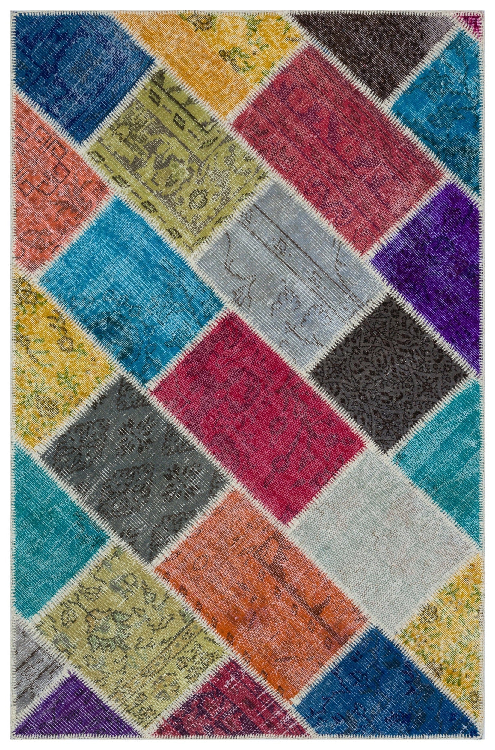 Iskece 33203 Beige Patchwork Wool Handmade Area Rug 3'11" x 6'1"